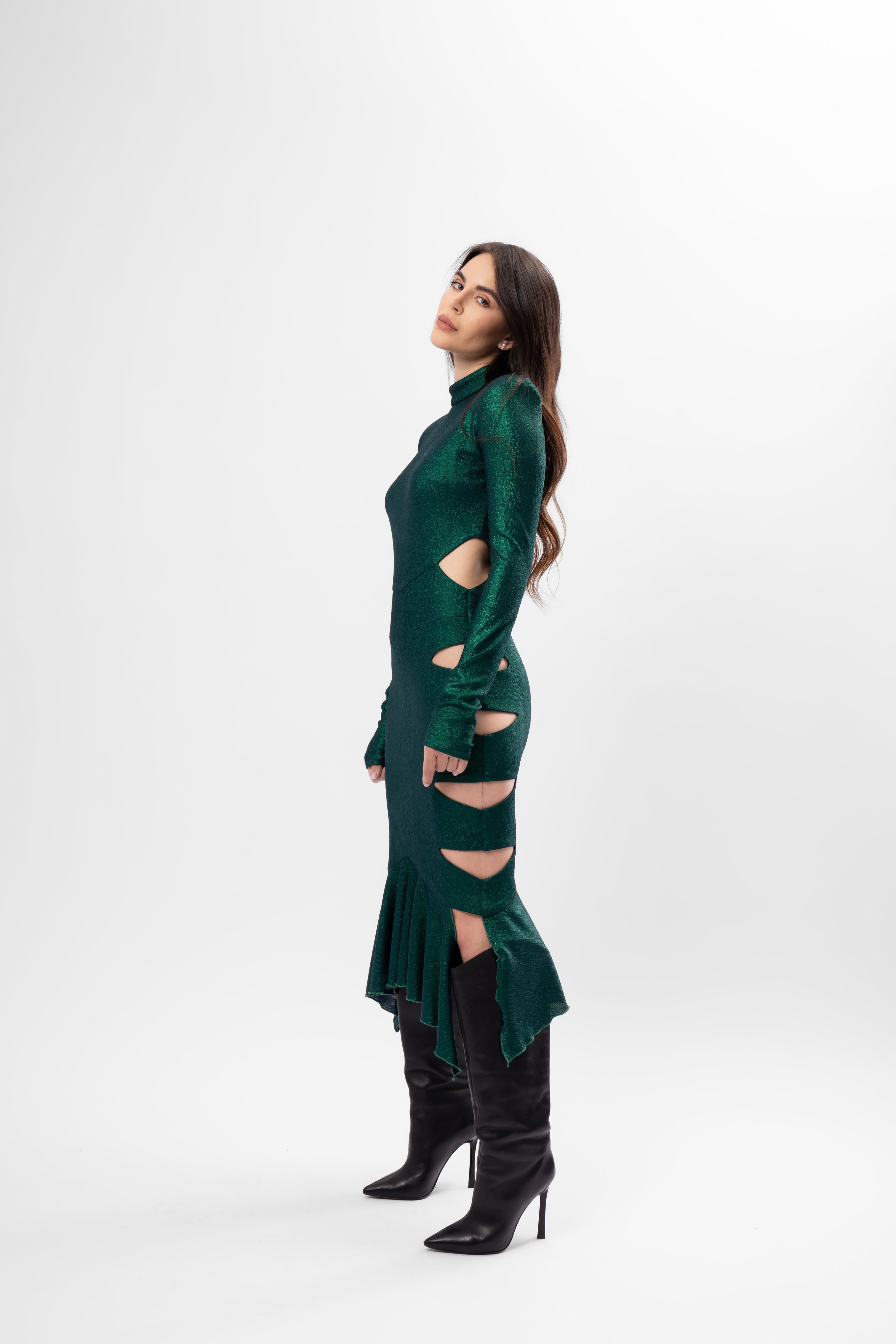 Emerald Green Metallic Midi Dress with Cut-Outs and Asymmetric Ruffle Hem