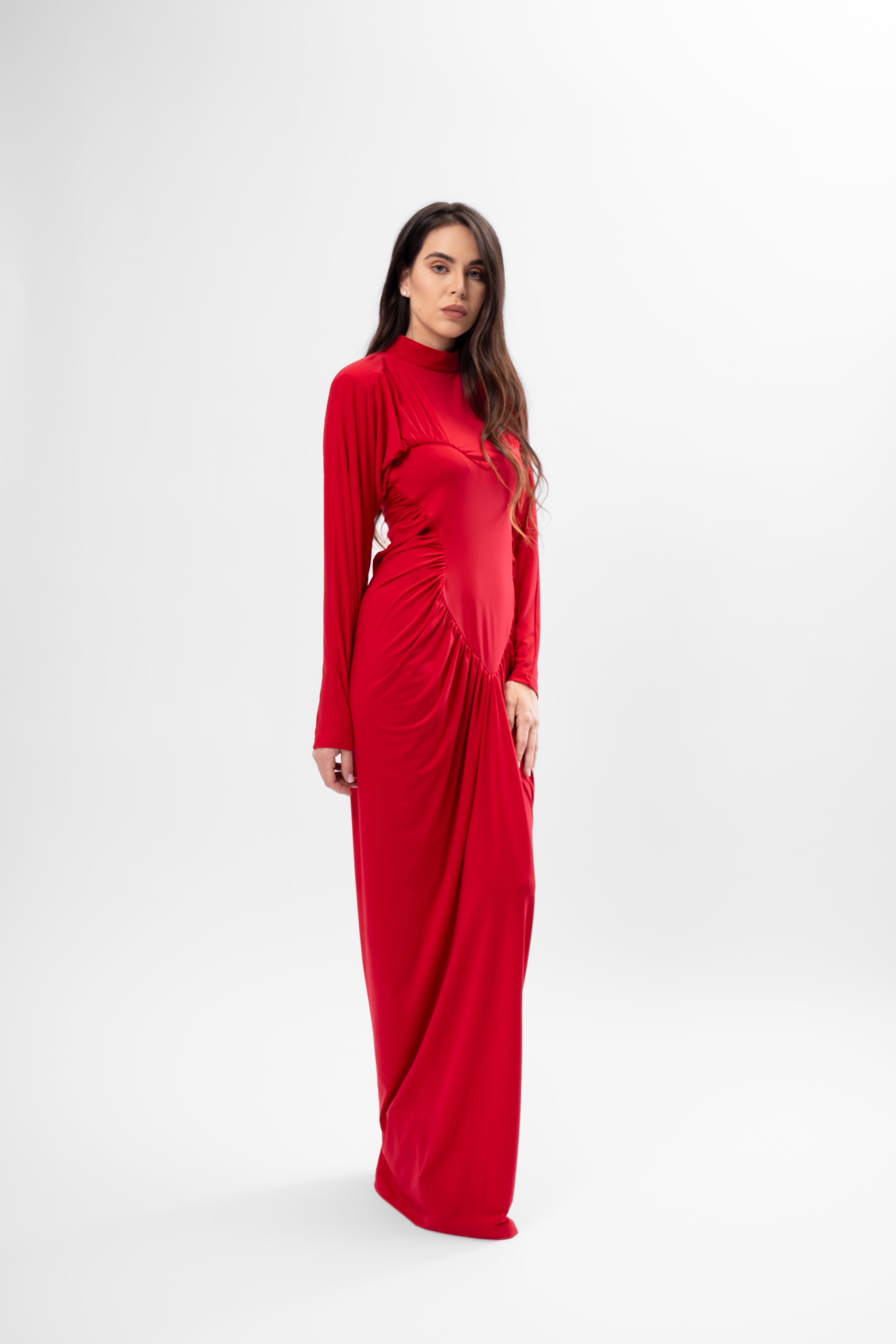 Long Red Dress with Heart-Shaped Detail