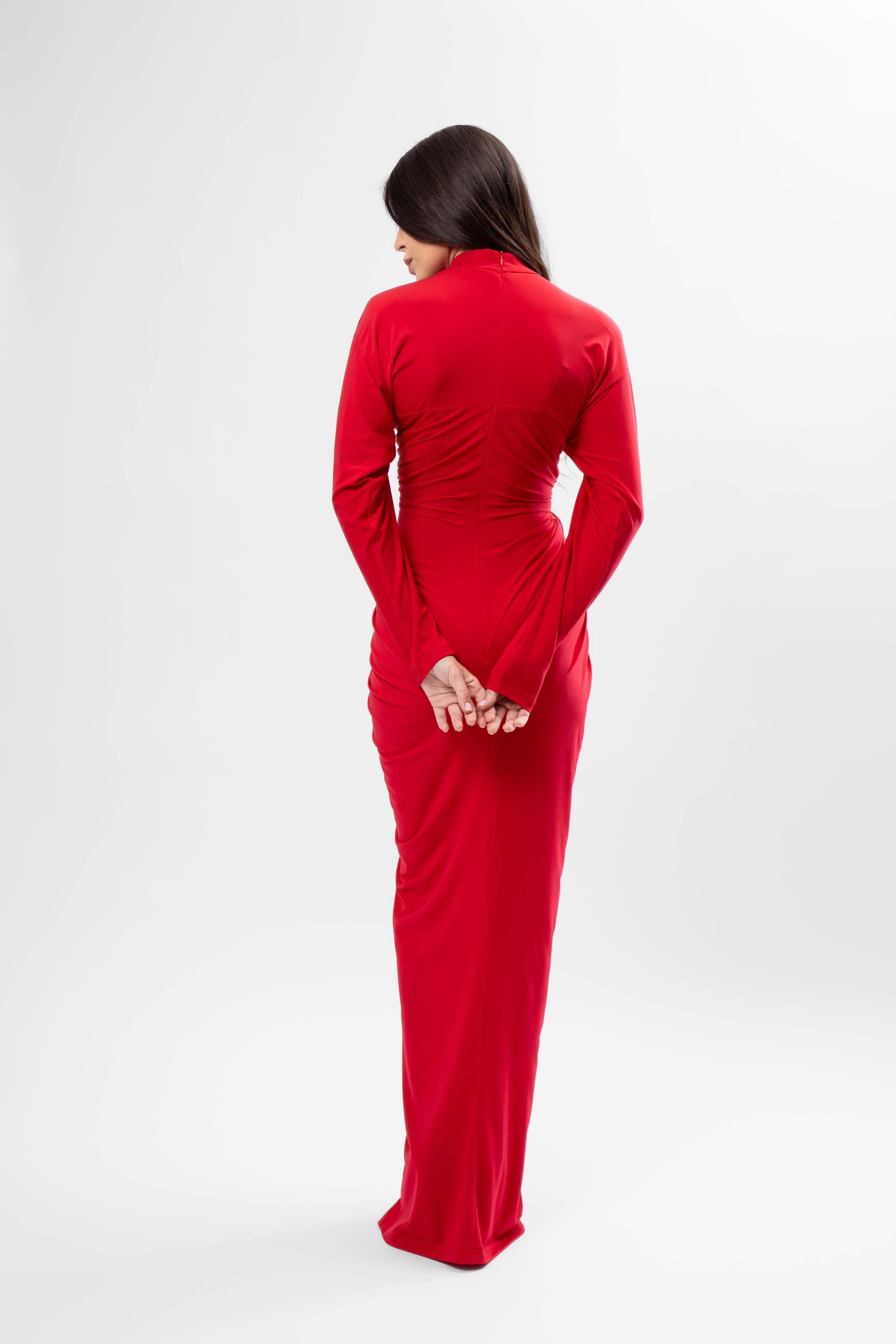 Long Red Dress with Heart-Shaped Detail