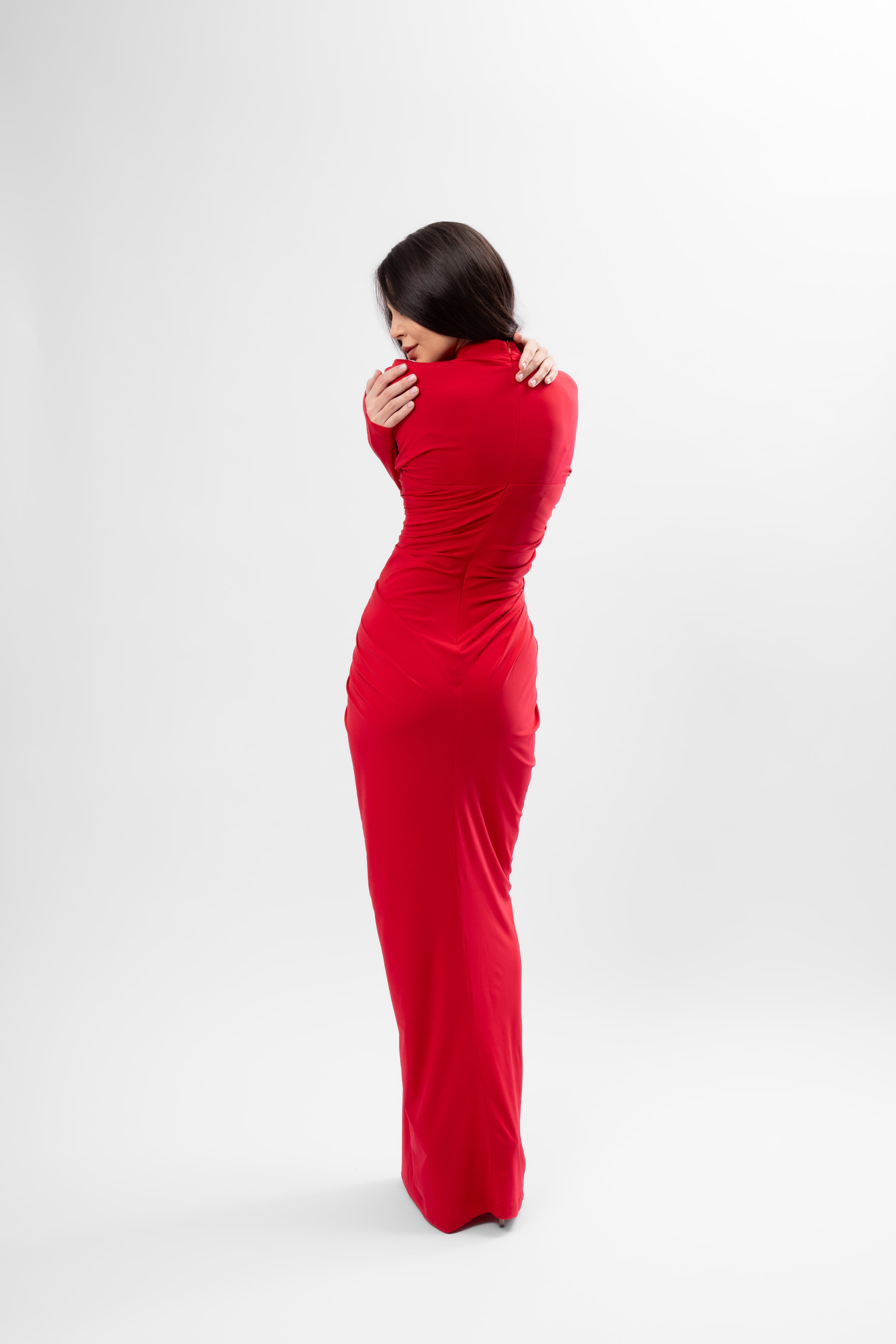 Long Red Dress with Heart-Shaped Detail