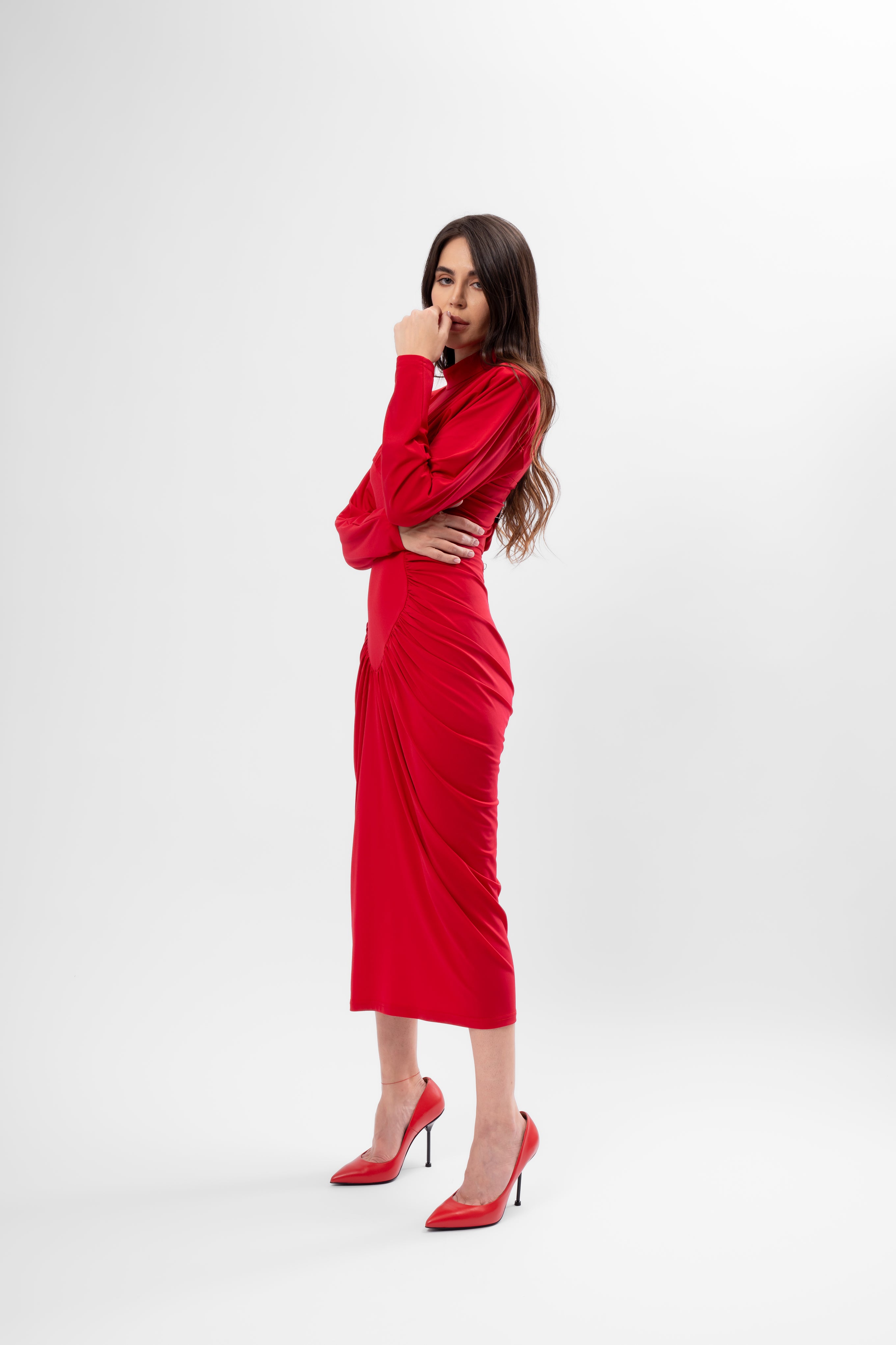 Red Midi Dress with Heart-Shaped Detail