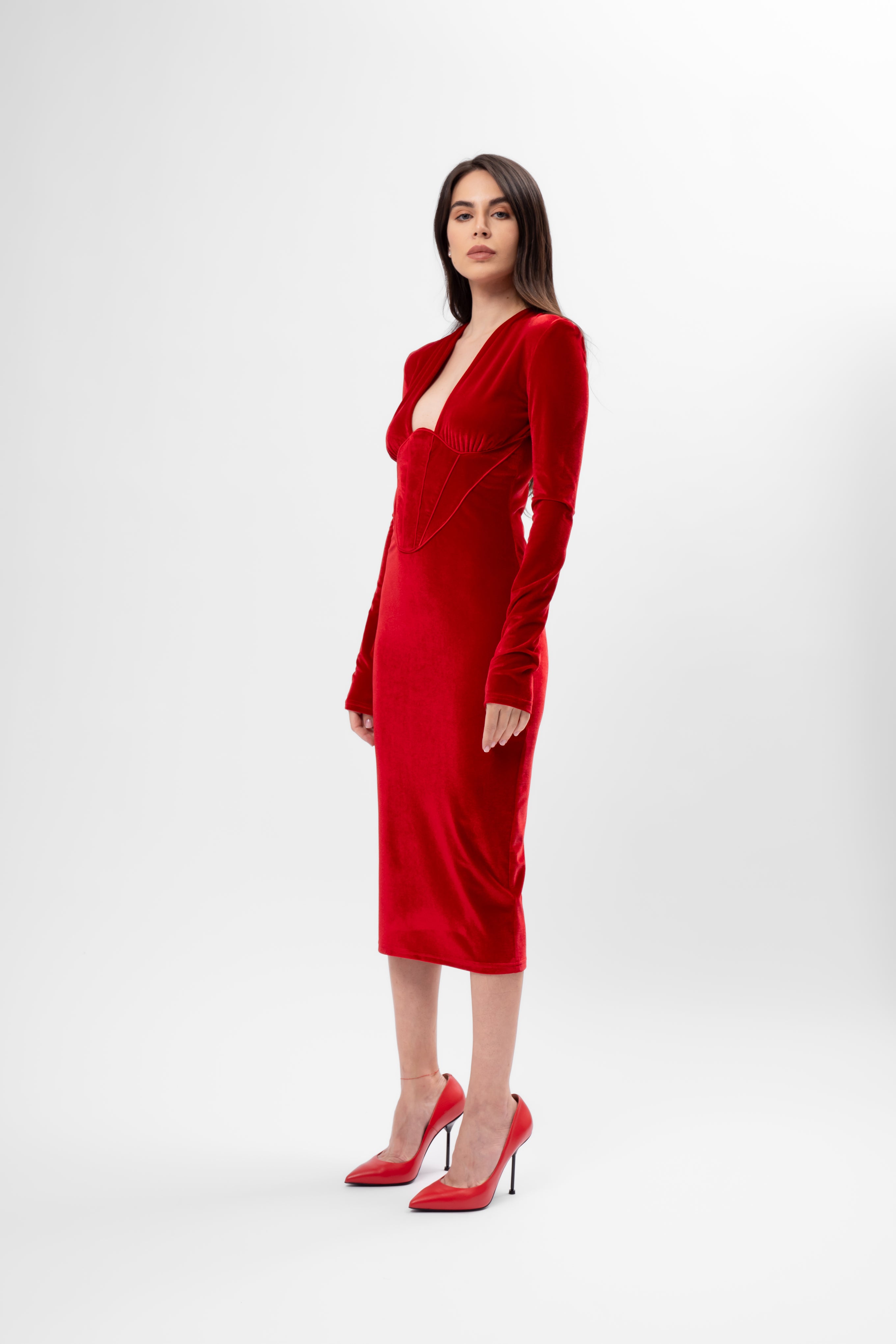 Rochie roșie din catifea cu corset