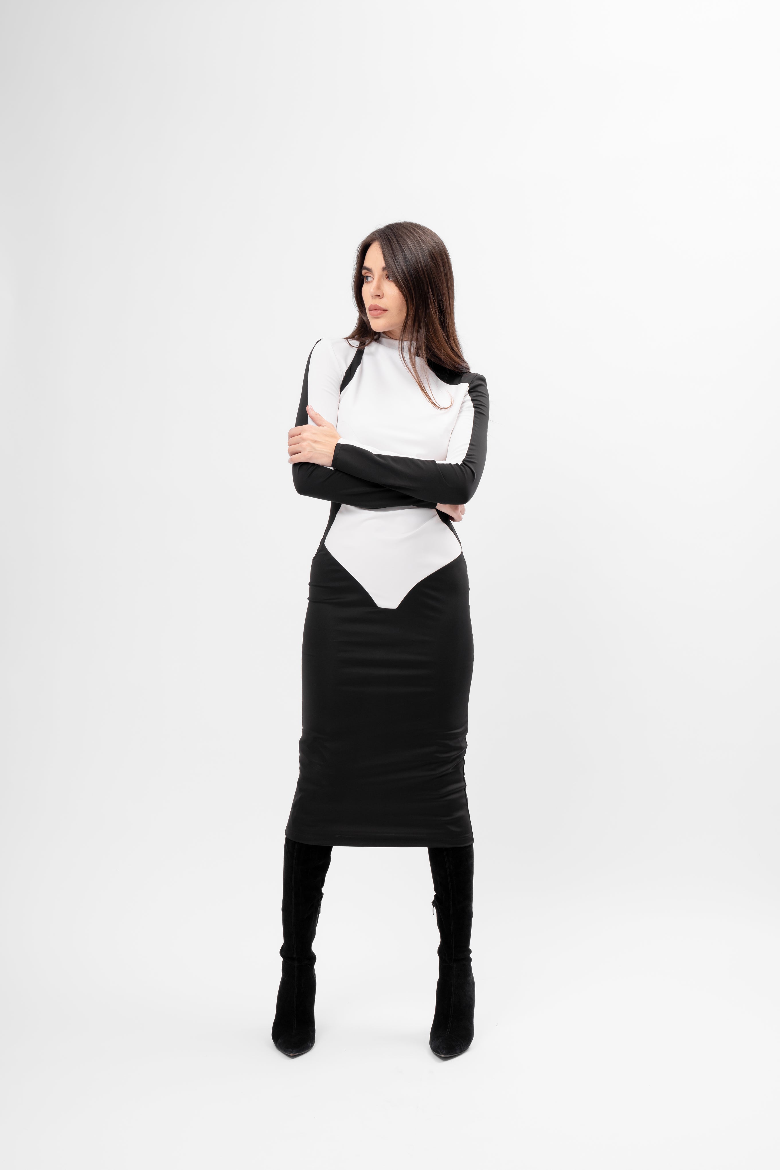 Black&white Bicolor Bodycon Midi Dress with High Neck