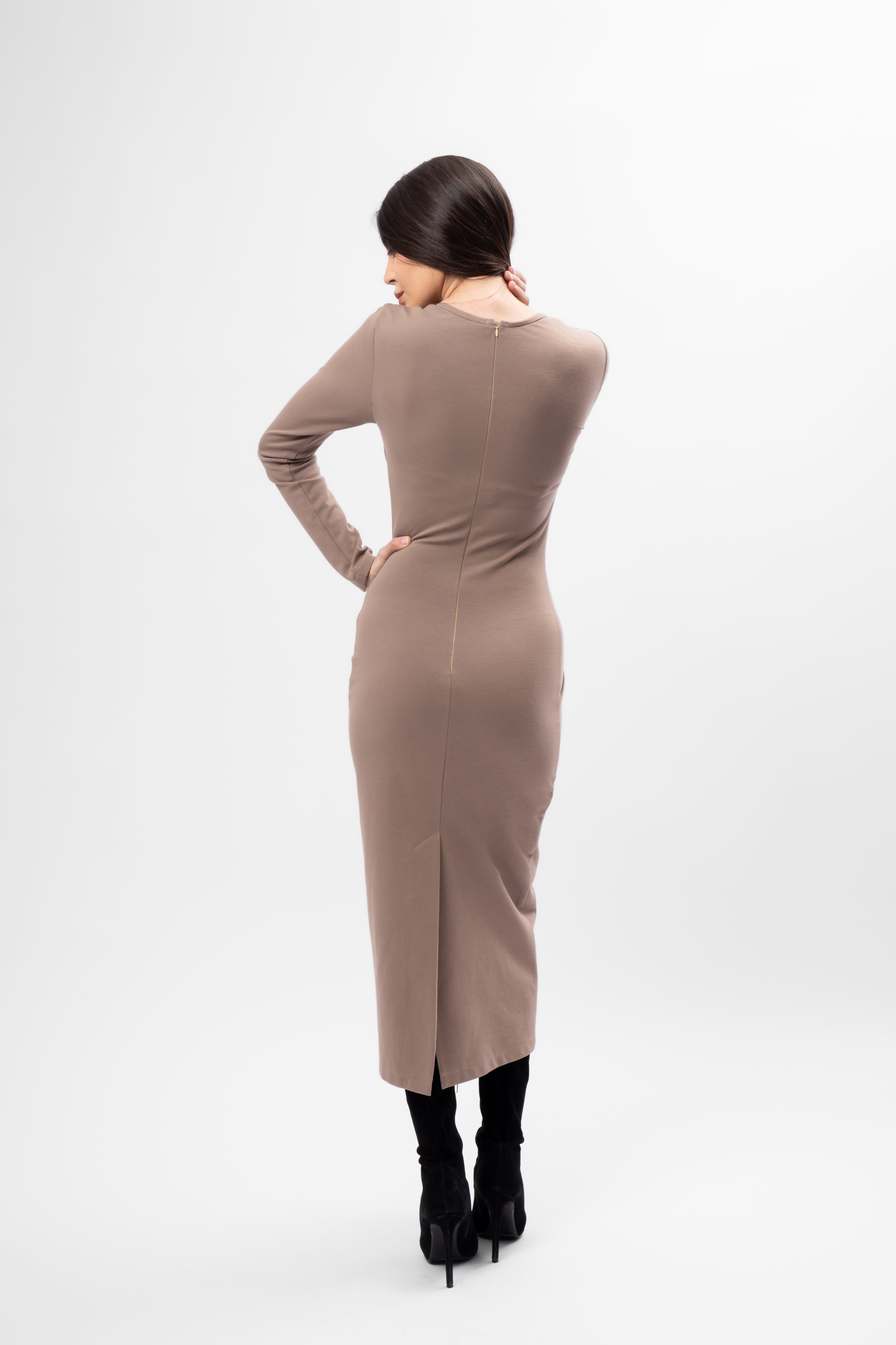 Taupe beige Bodycon dress with square neckline
