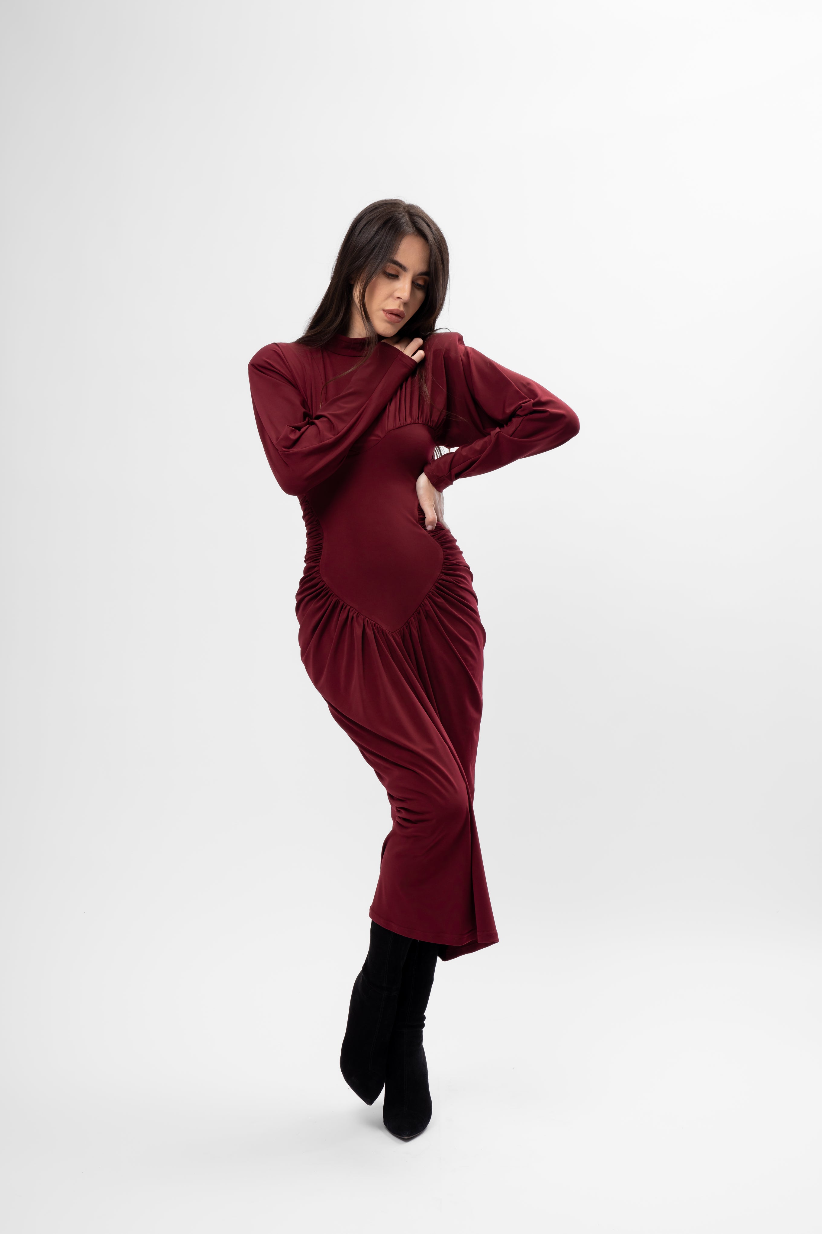 Burgundy Midi Dress with Heart-Shaped Detail