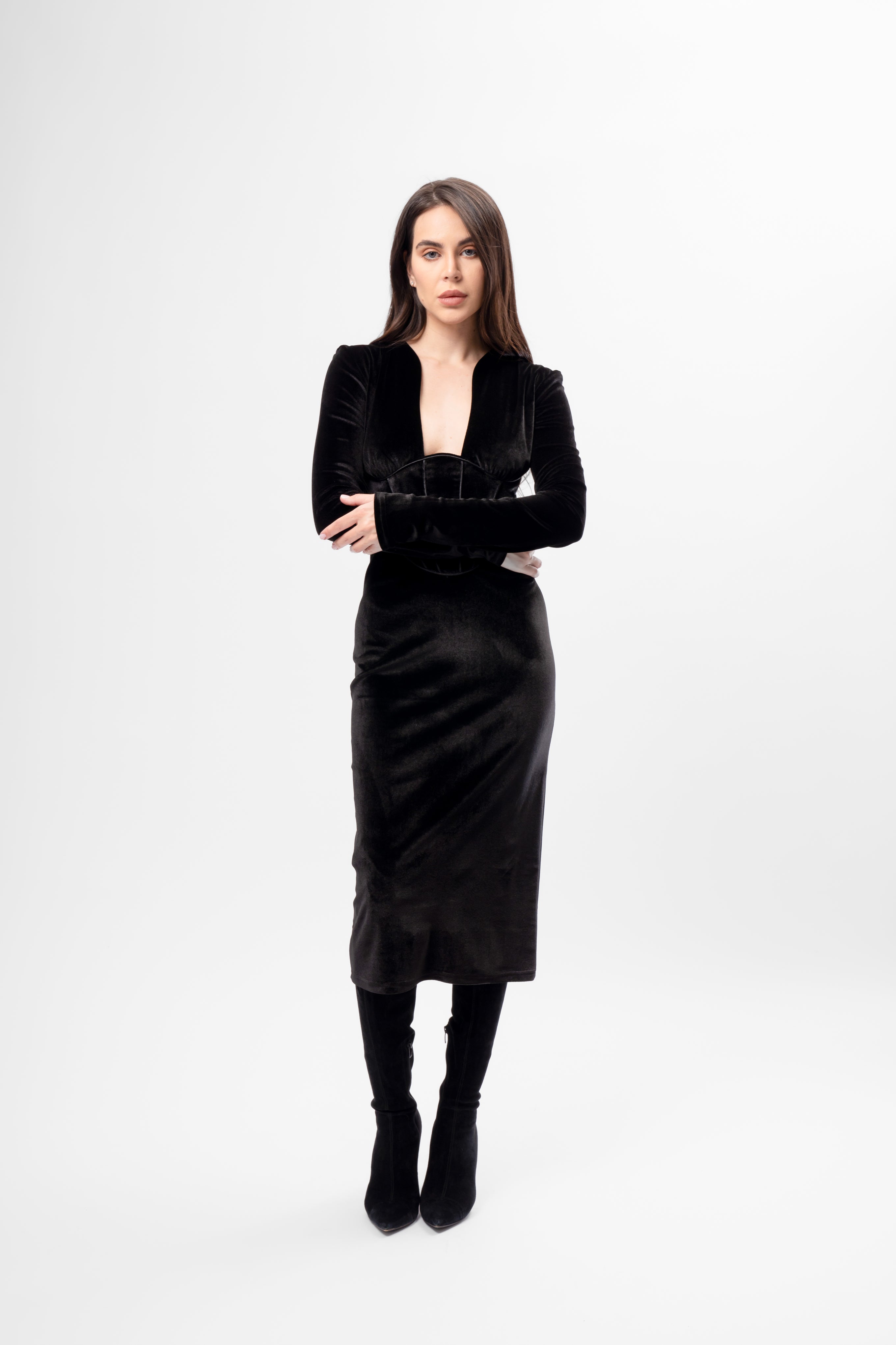 Black Midi Velvet Dress with Corset