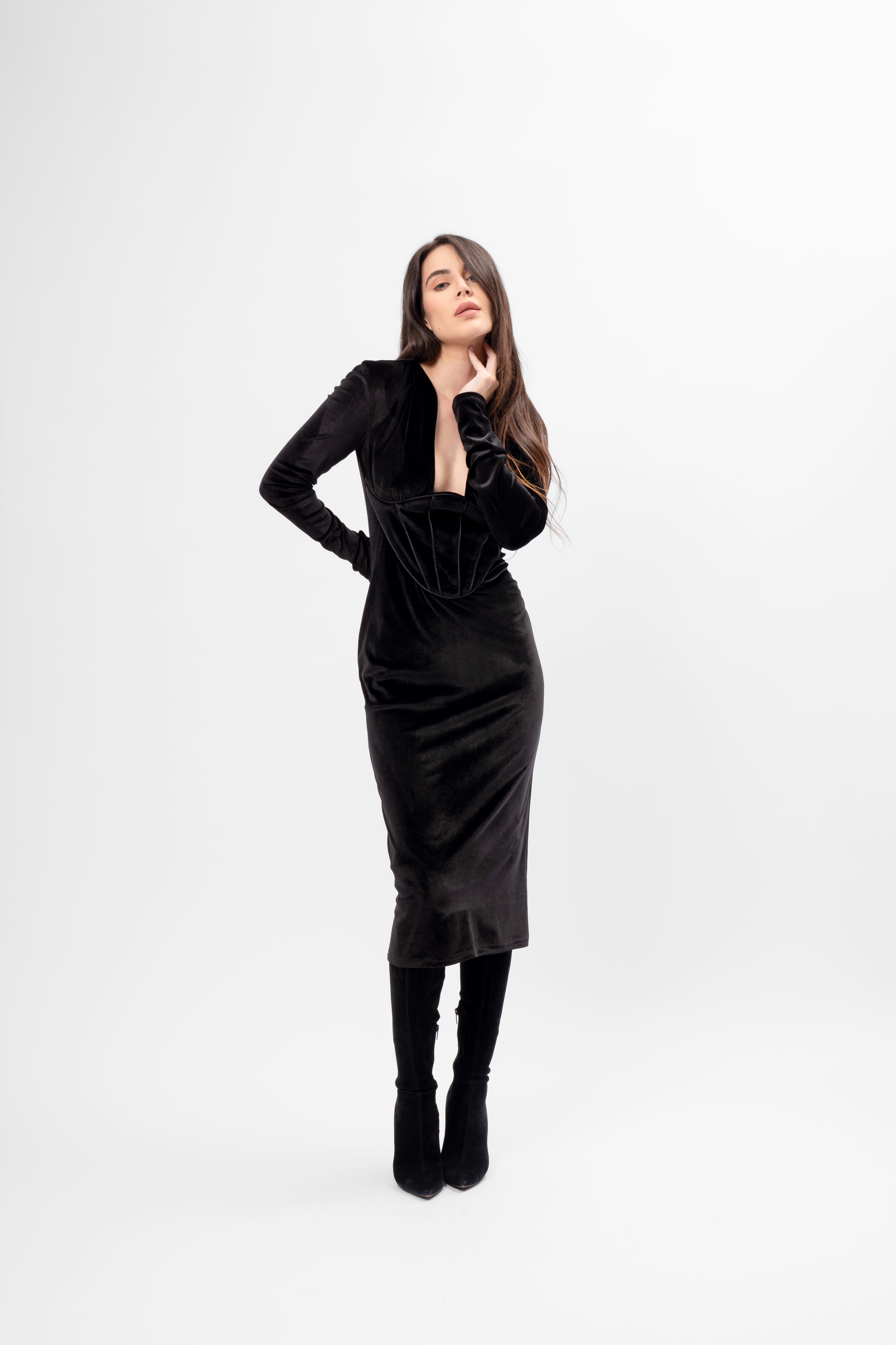 Black Midi Velvet Dress with Corset