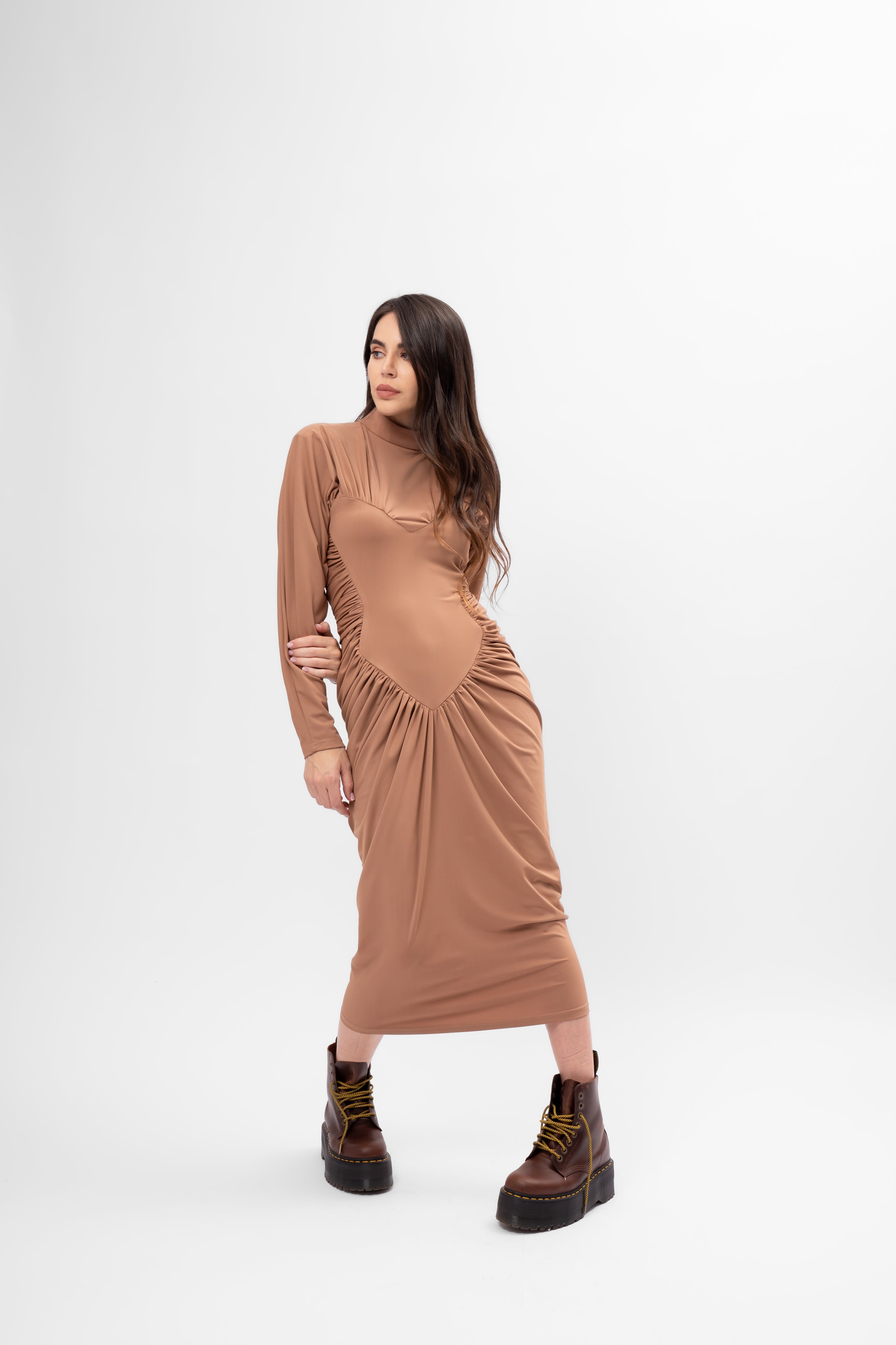 Beige Midi Dress with Heart-Shaped Detail