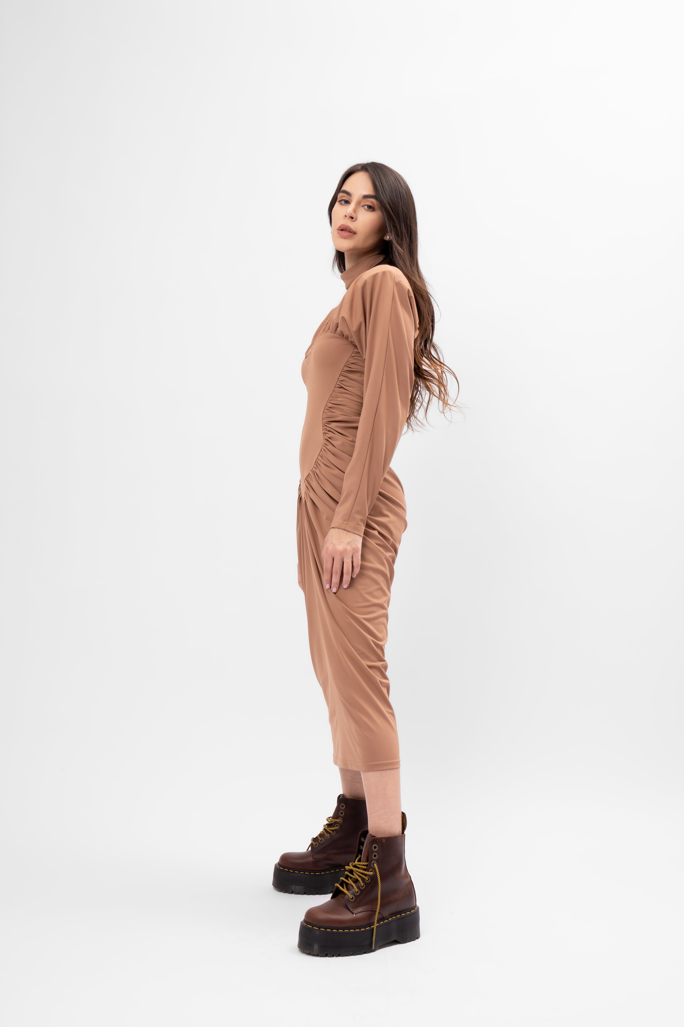 Beige Midi Dress with Heart-Shaped Detail