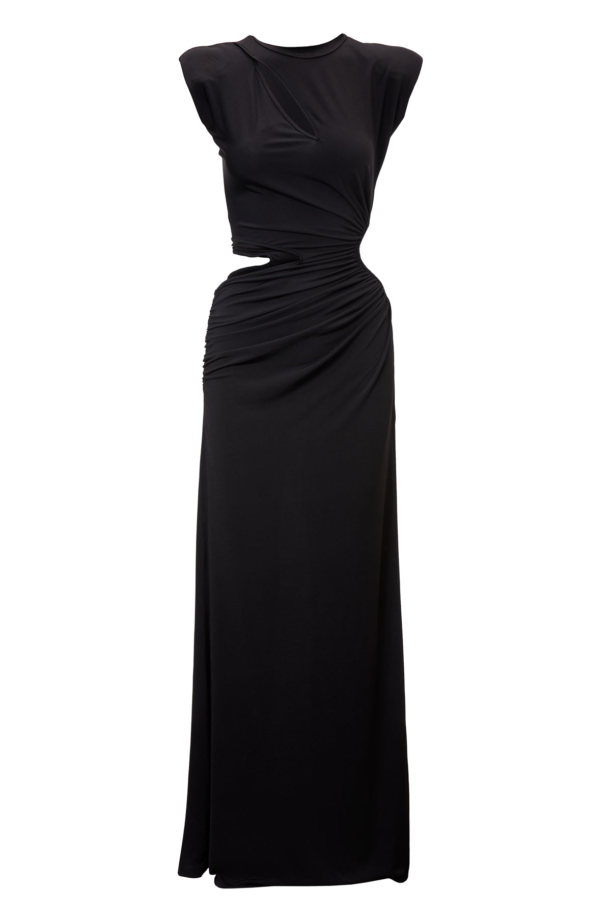 Black Maxi Dress With Asymmetrical Cut-Outs And Oversized Shoulders