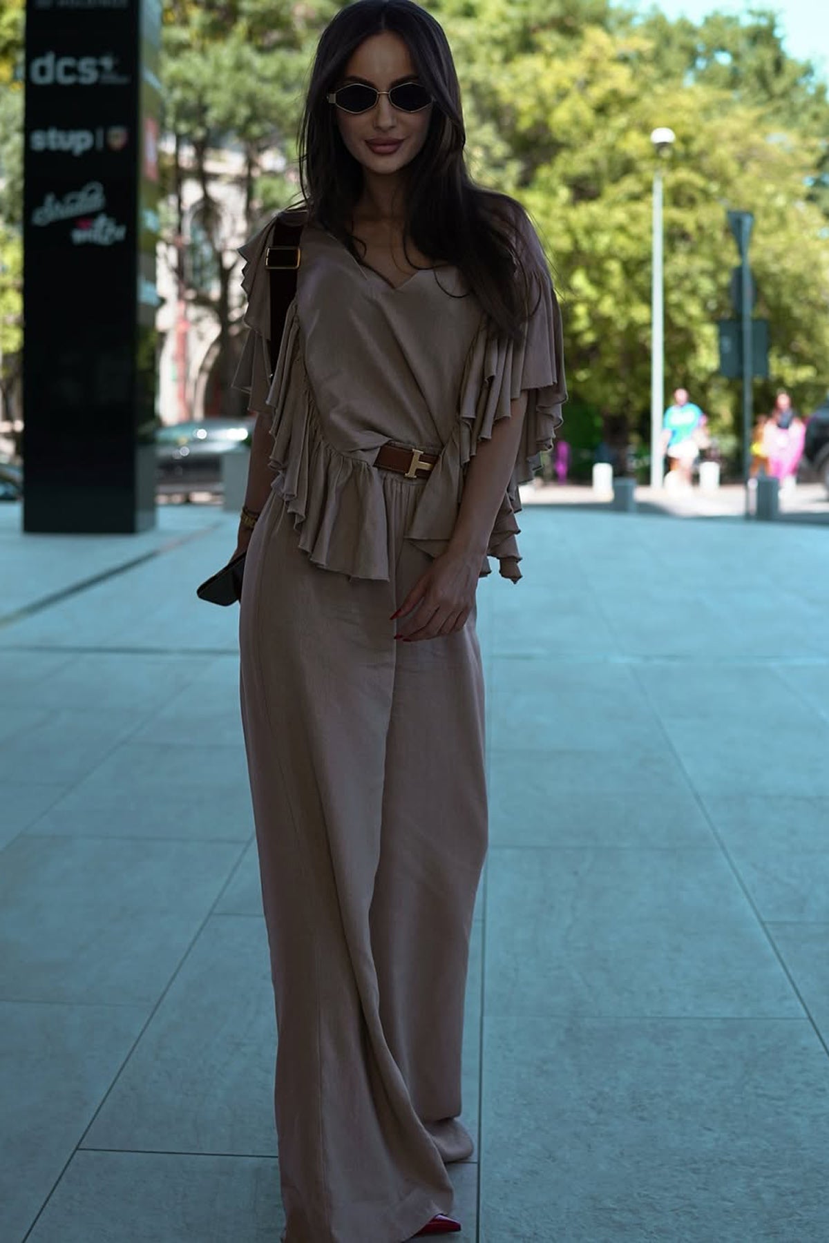 Olive linen set with ruffle top, V-neckline and flared pants