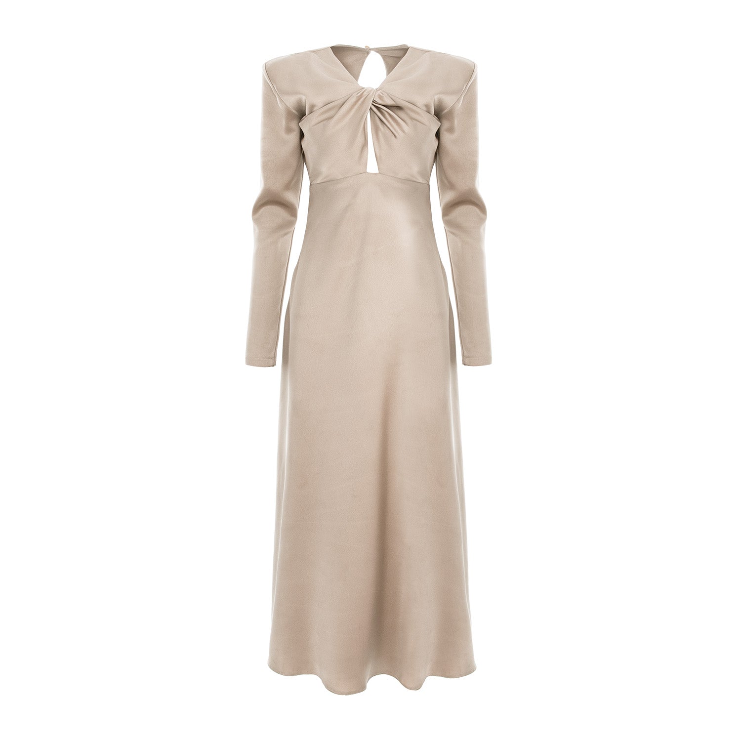 Rochie maxi elegantă cu imprimeu răsucit în față, culoarea șampaniei