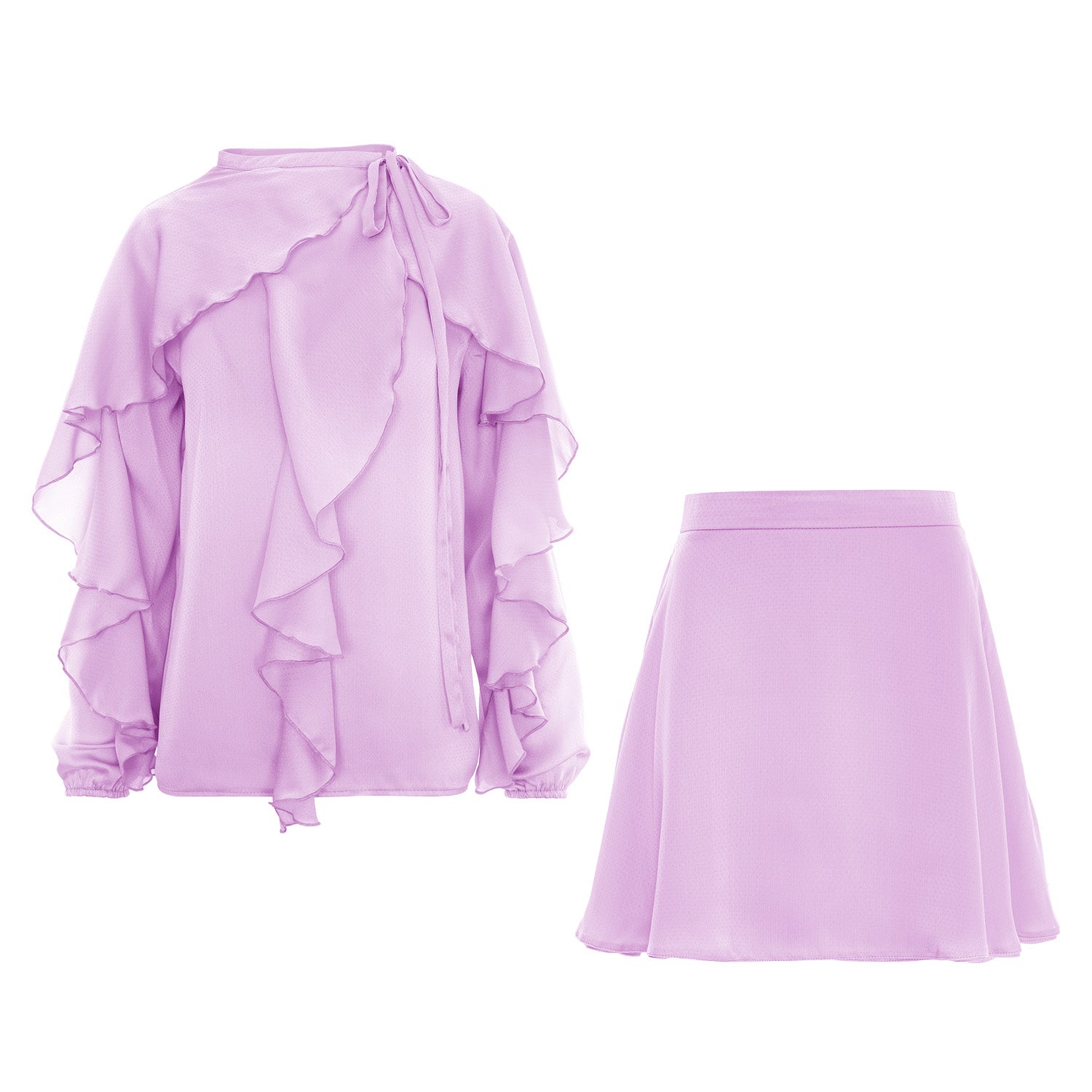 Set de două piese cu volane mov și bluză cu nod la gât