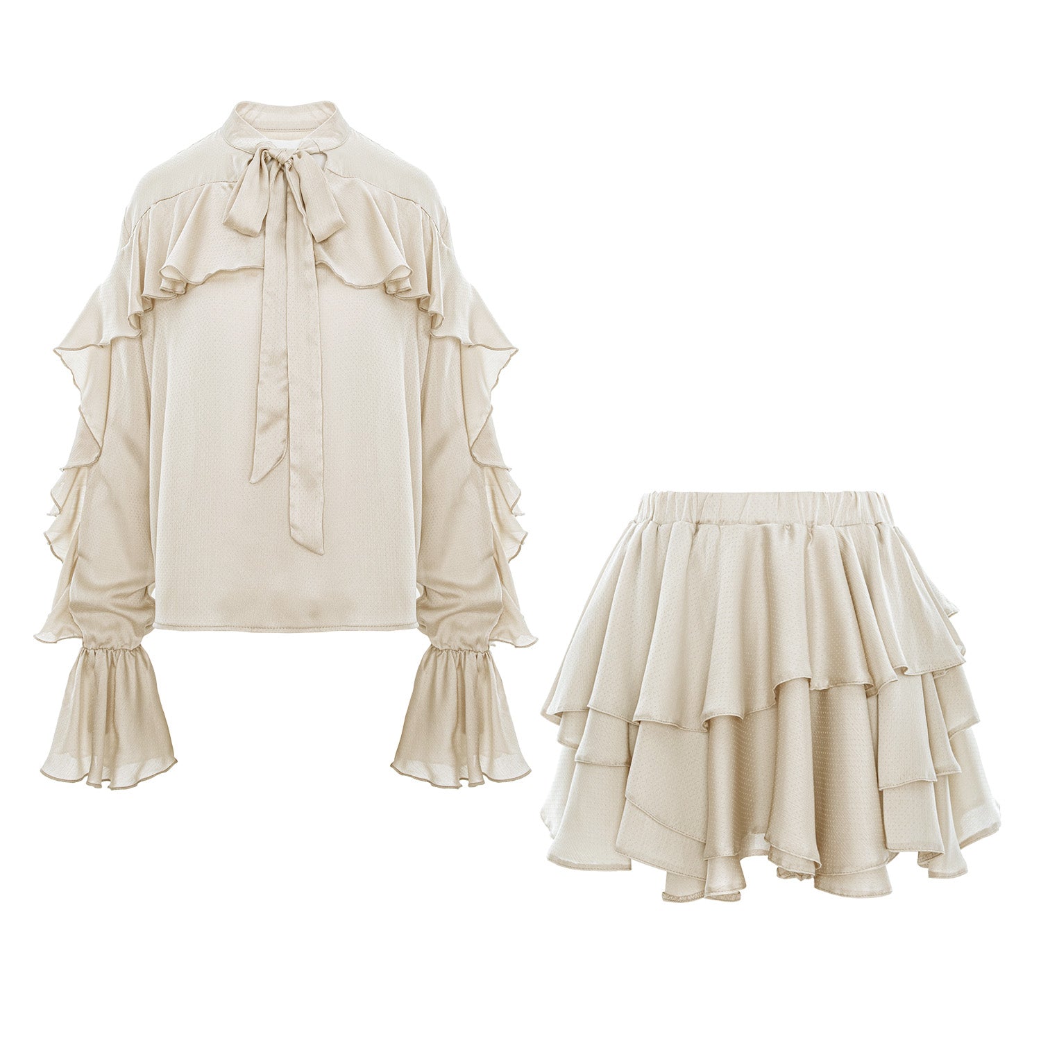 Beige Set with V Neck Shirt & Ruffle Skirt