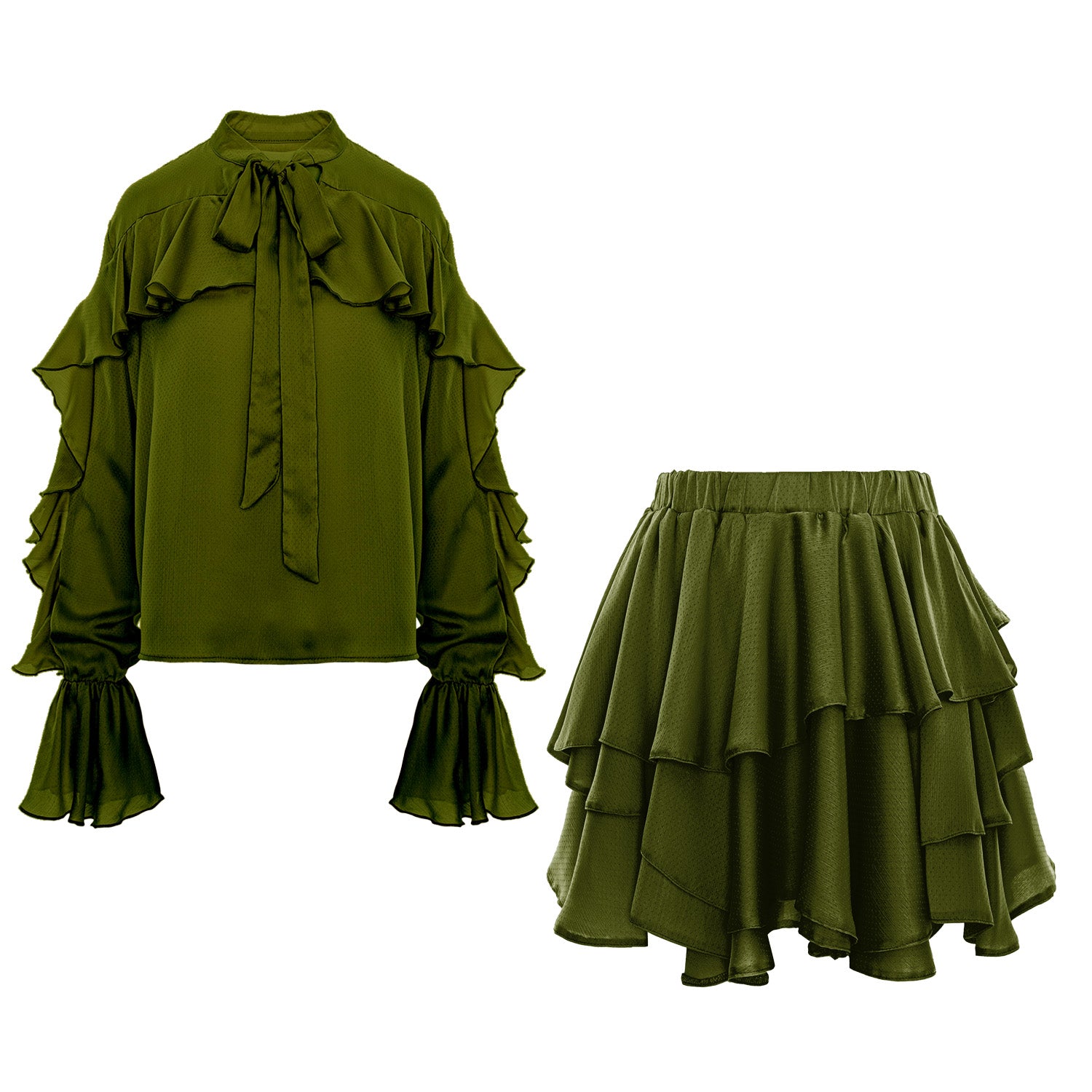 Olive Set with V Neck Shirt & Ruffle Skirt