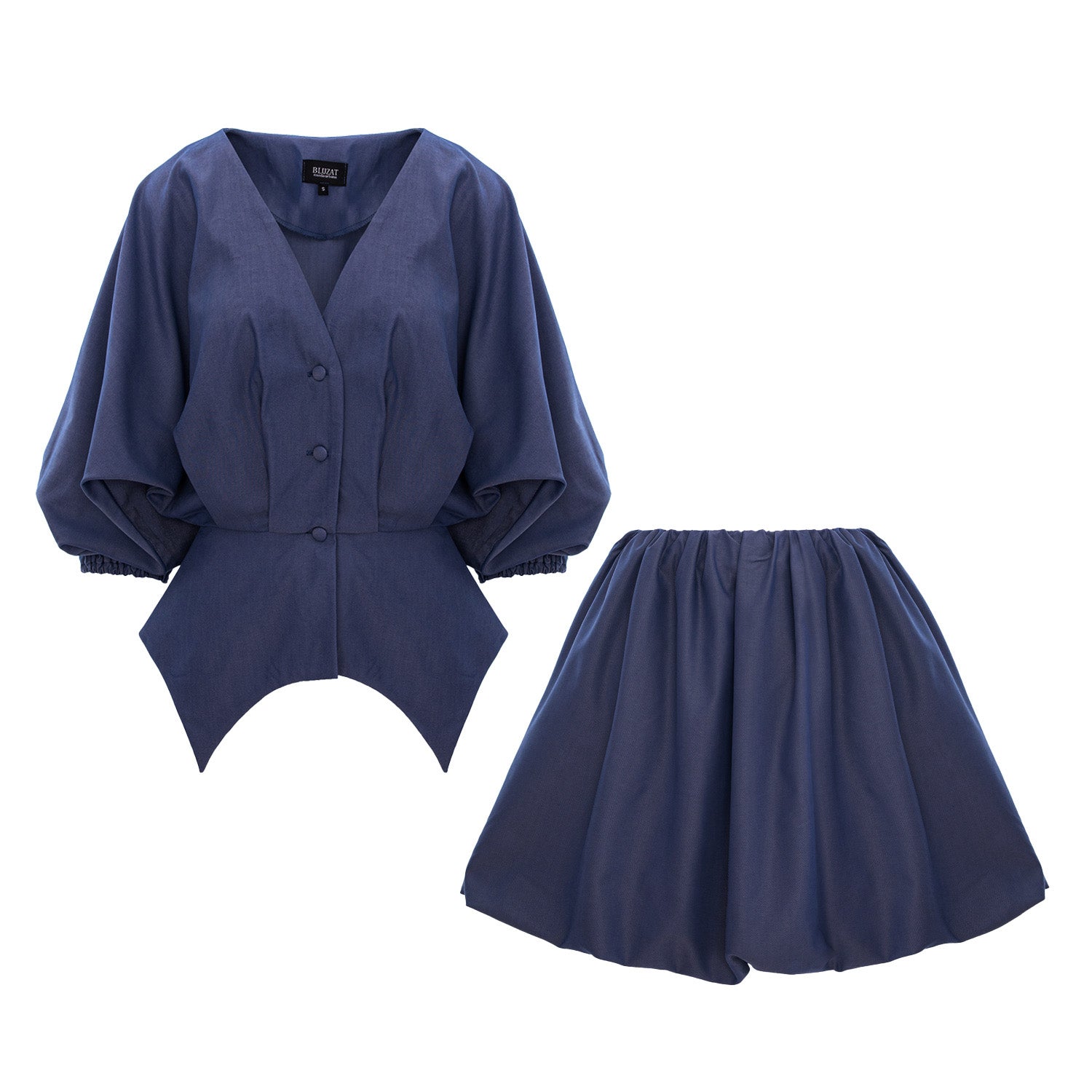 Denim Blue Asymmetrical Two-Piece Set with Bubble Skirt