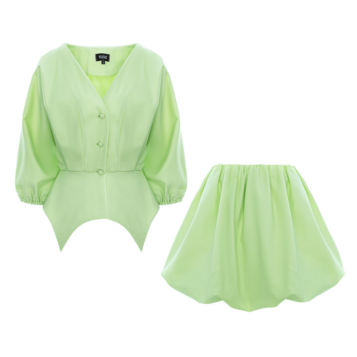 Set asimetric verde mentă din două piese cu fustă lejeră