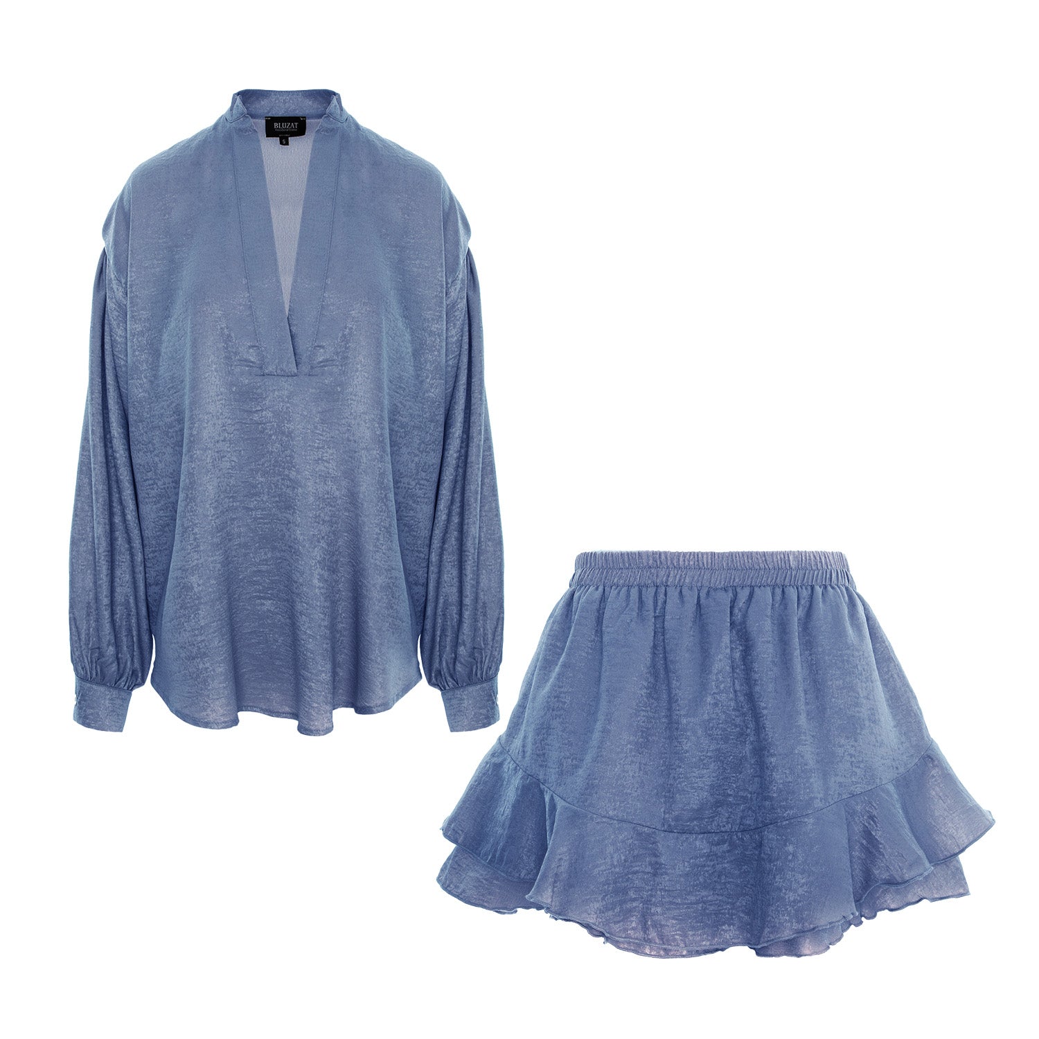 Set albastru texturat din două piese cu fustă cu volane