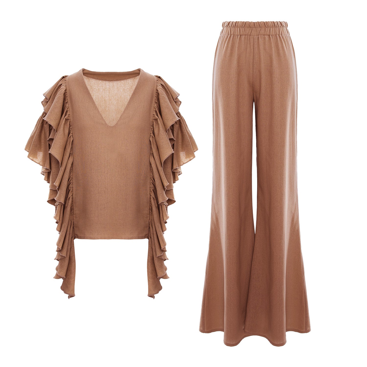 Set bej din in cu top cu mâneci cu volane și pantaloni cu croi larg