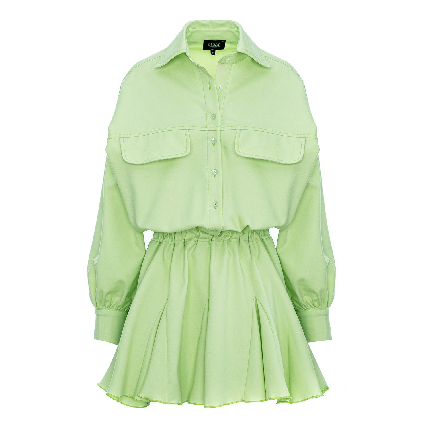 Lime Green Oversized Shirt Dress with Gathered Waist & Ruffle Hem Lime Green Oversized Shirt Dress with Gathered Waist & Ruffle Hem