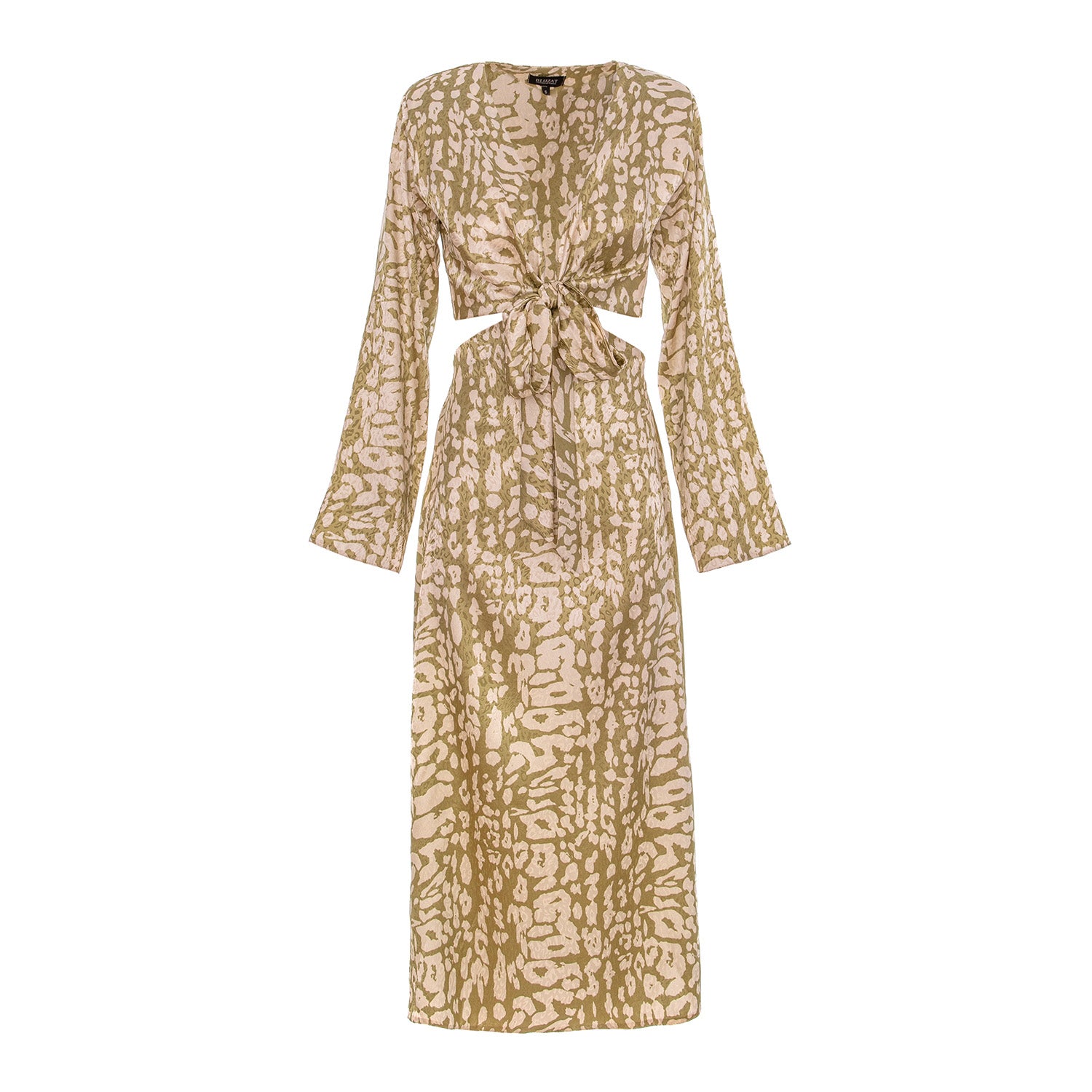 Rochie midi cu imprimeu leopard, măsliniu, decupată și talie legată