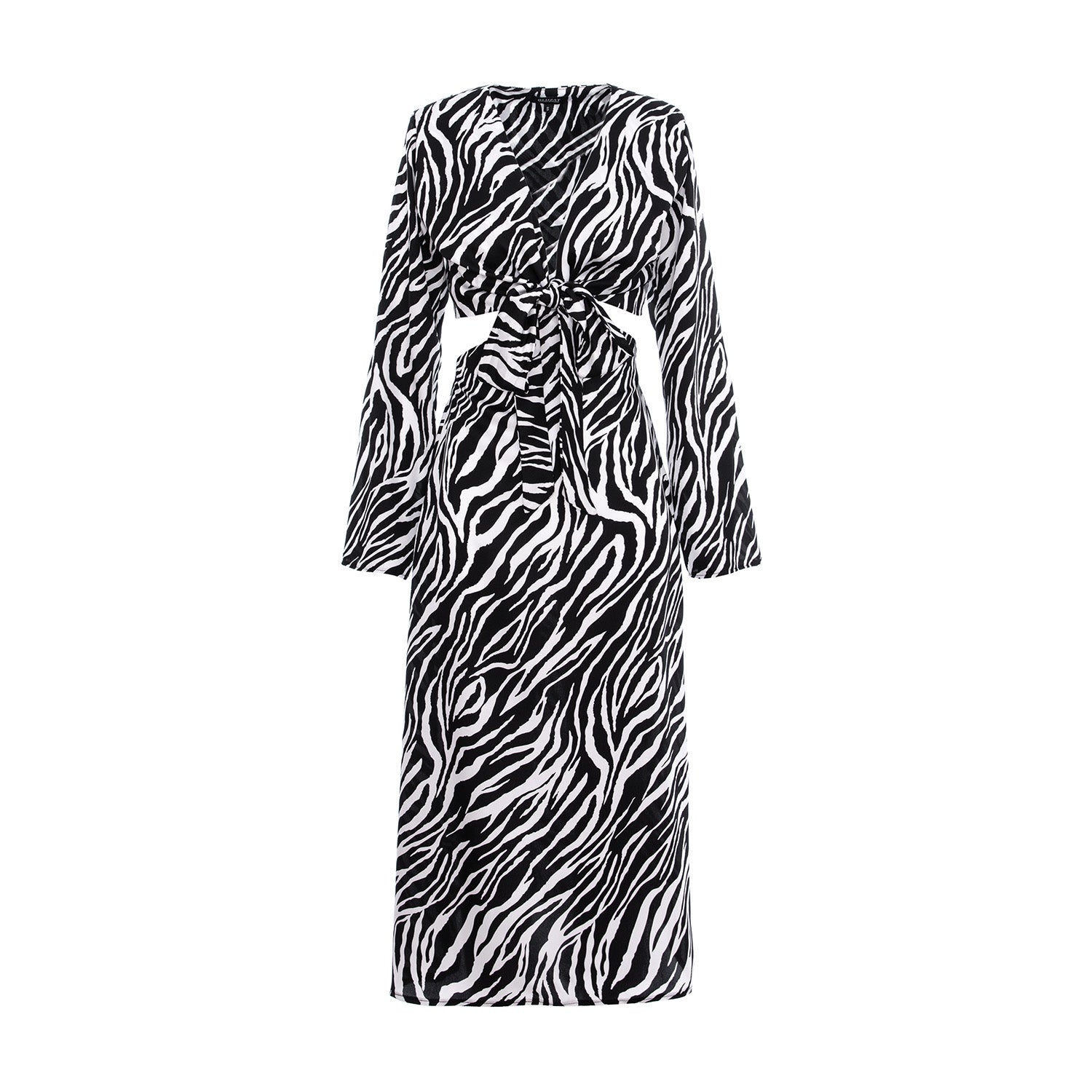 Rochie midi cu imprimeu zebră alb-negru și decupaj, cu nod