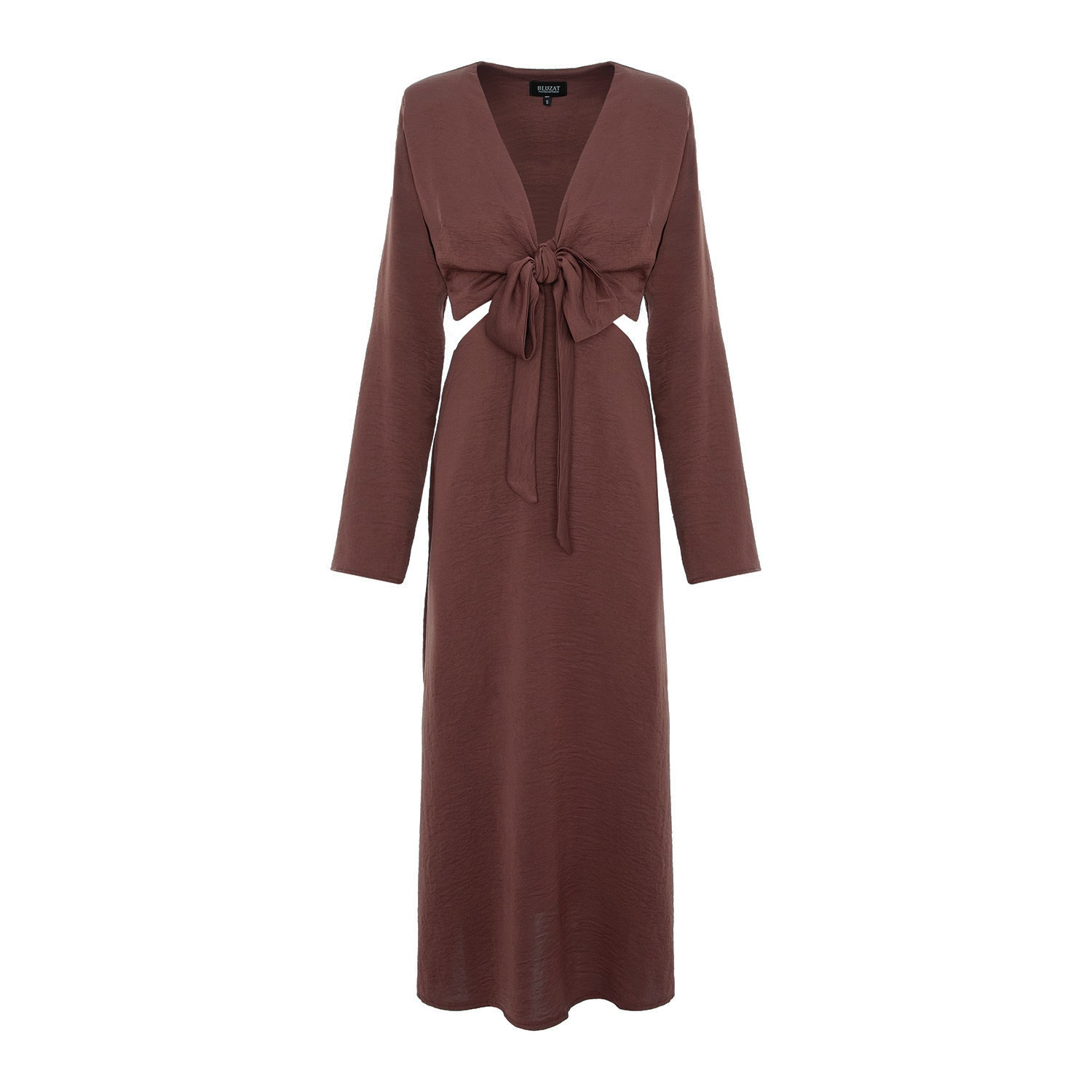 Rochie midi maro ciocolatiu cu noduri în față și decupaj