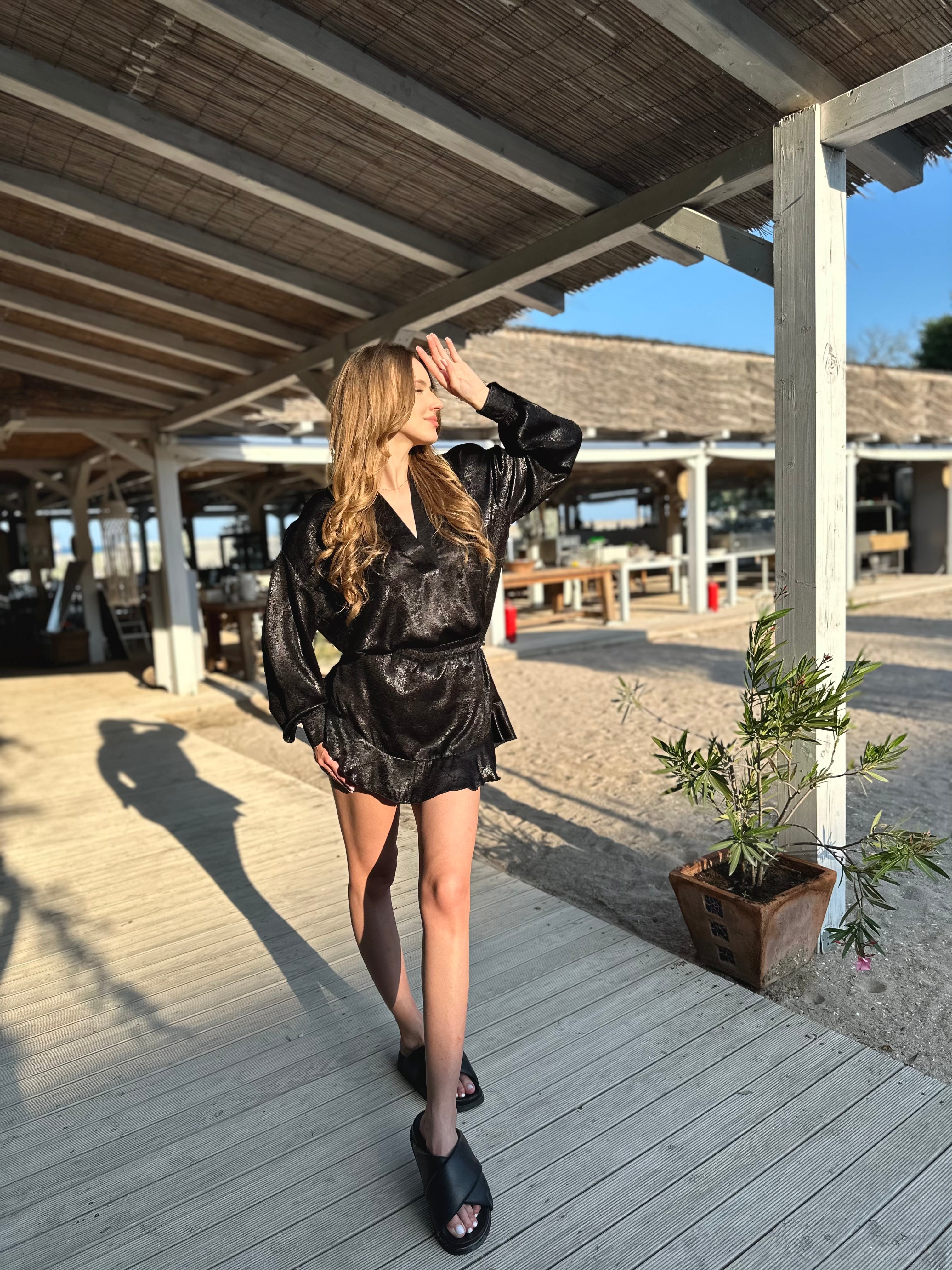 Black Set with V Neck Shirt & Ruffle Skirt