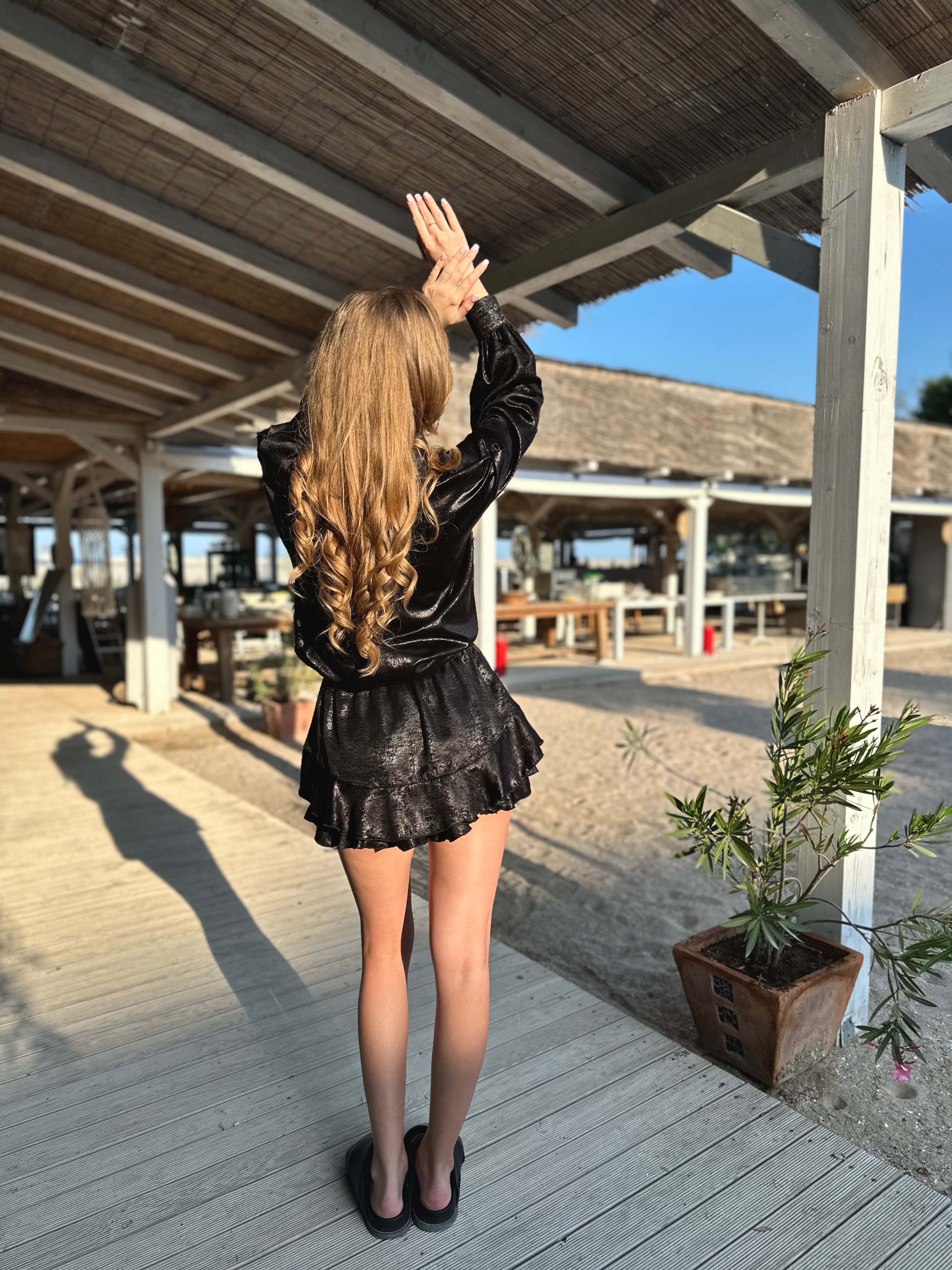 Black Set with V Neck Shirt & Ruffle Skirt