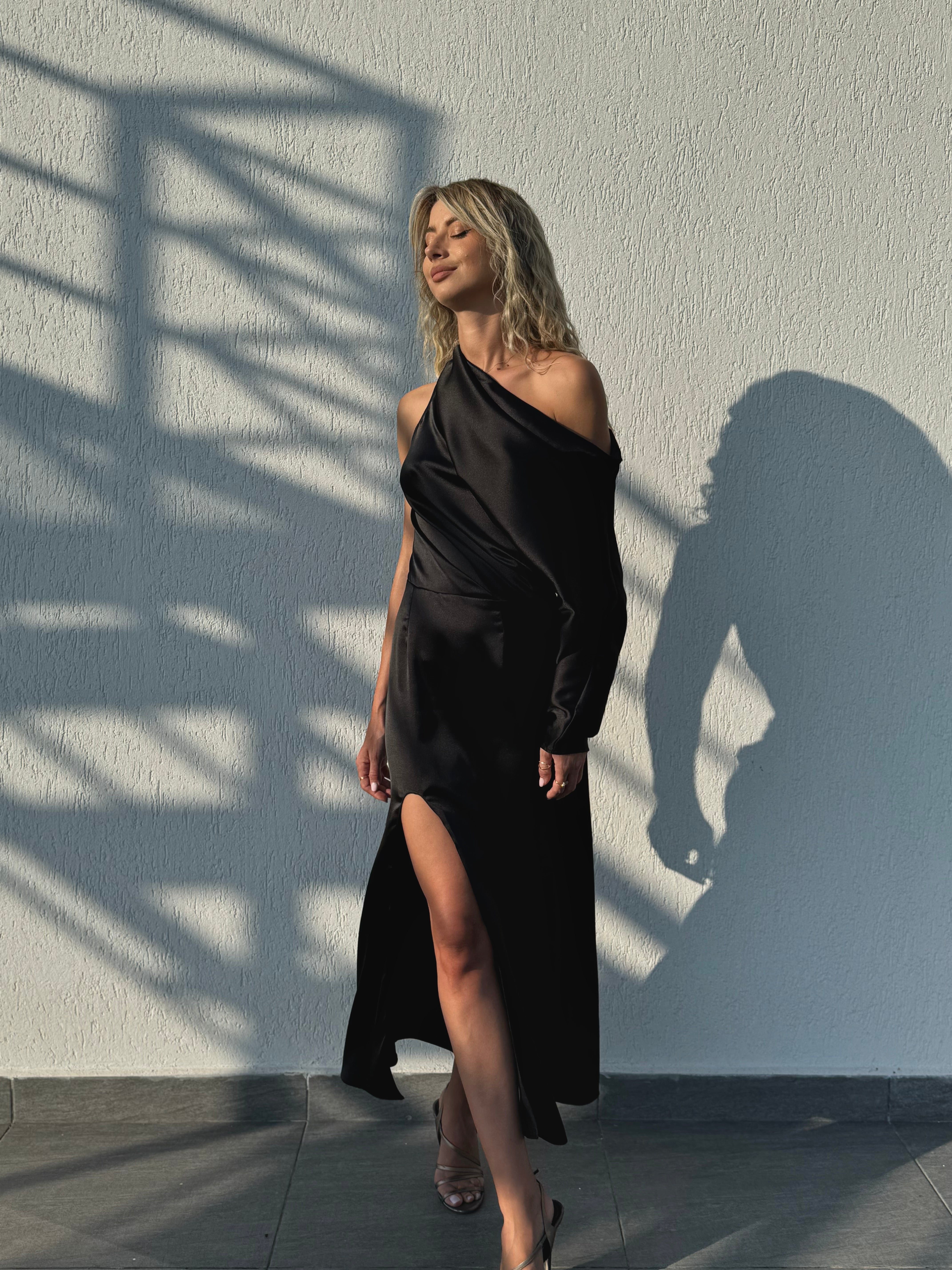 Black One-Shoulder Draped Midi Dress with Side Slit