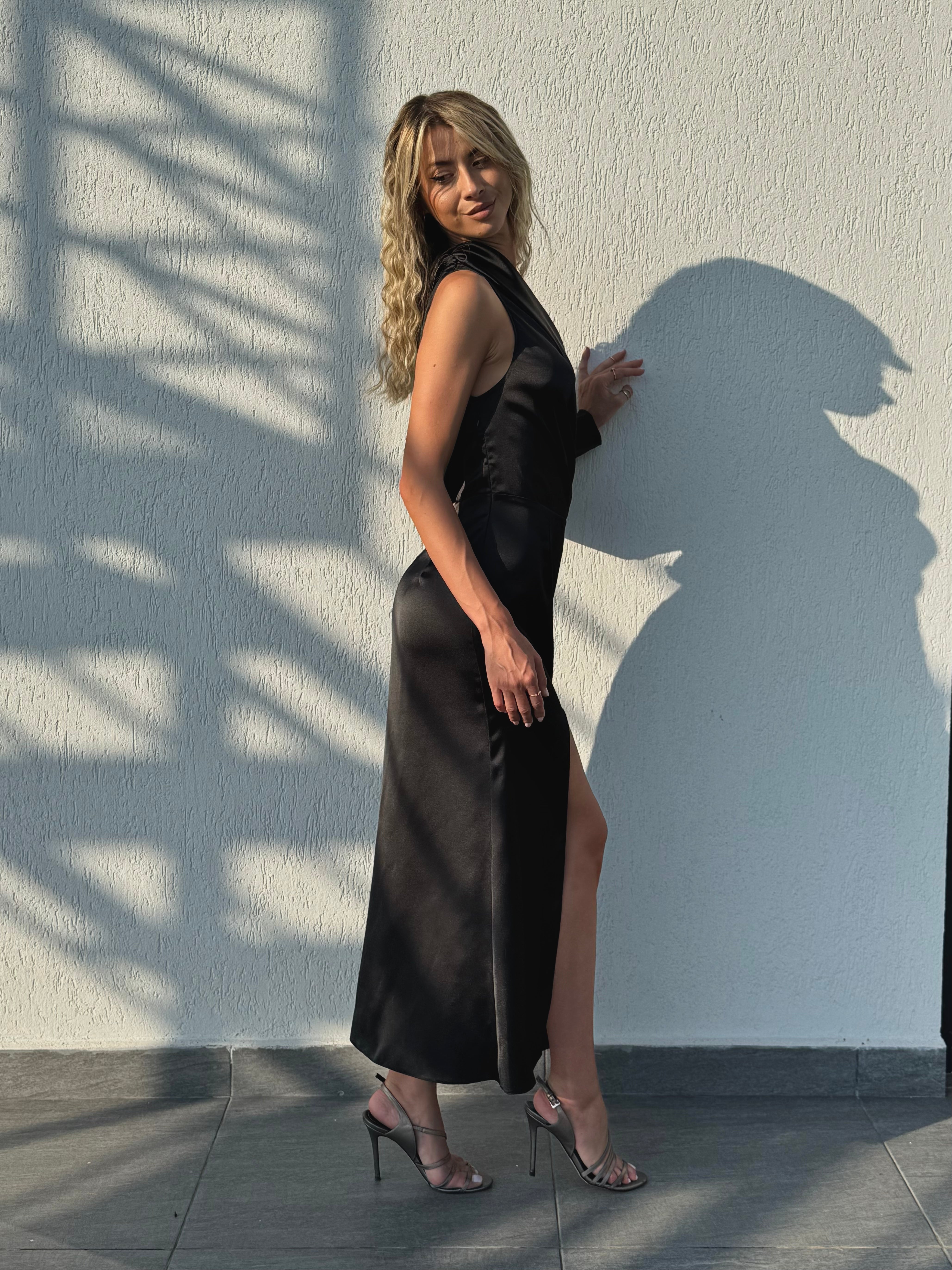 Black One-Shoulder Draped Midi Dress with Side Slit