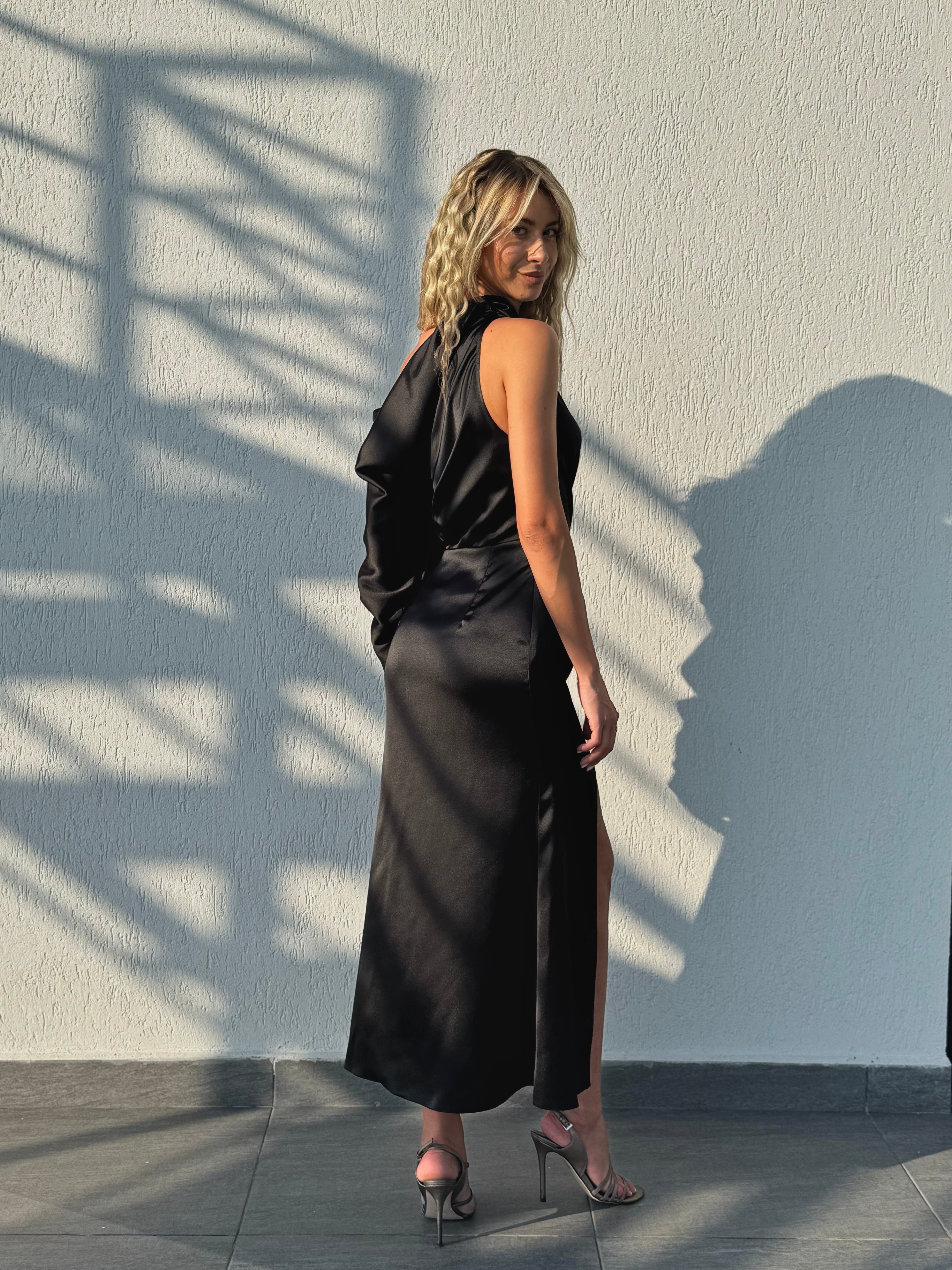 Black One-Shoulder Draped Midi Dress with Side Slit