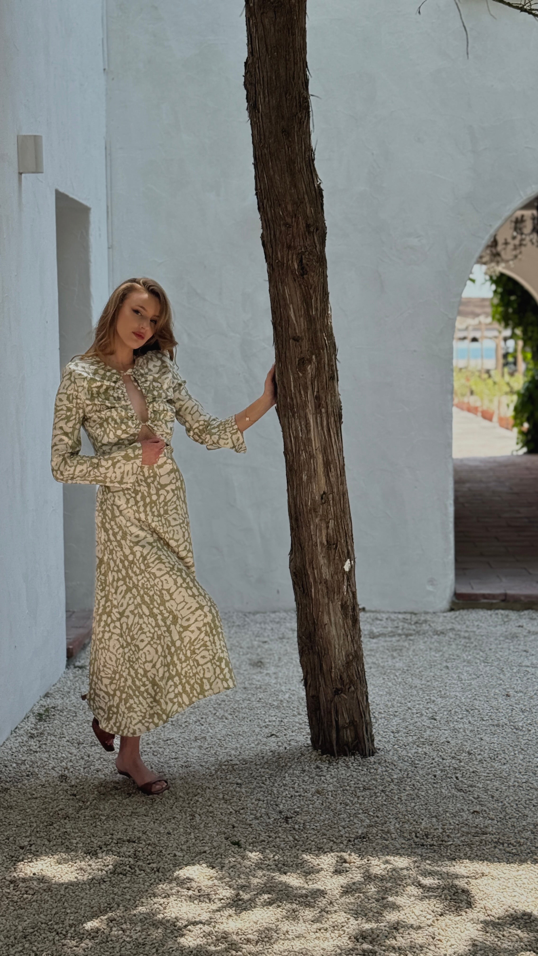 Olive Snake Print Cutout Midi Dress with Bell Sleeves