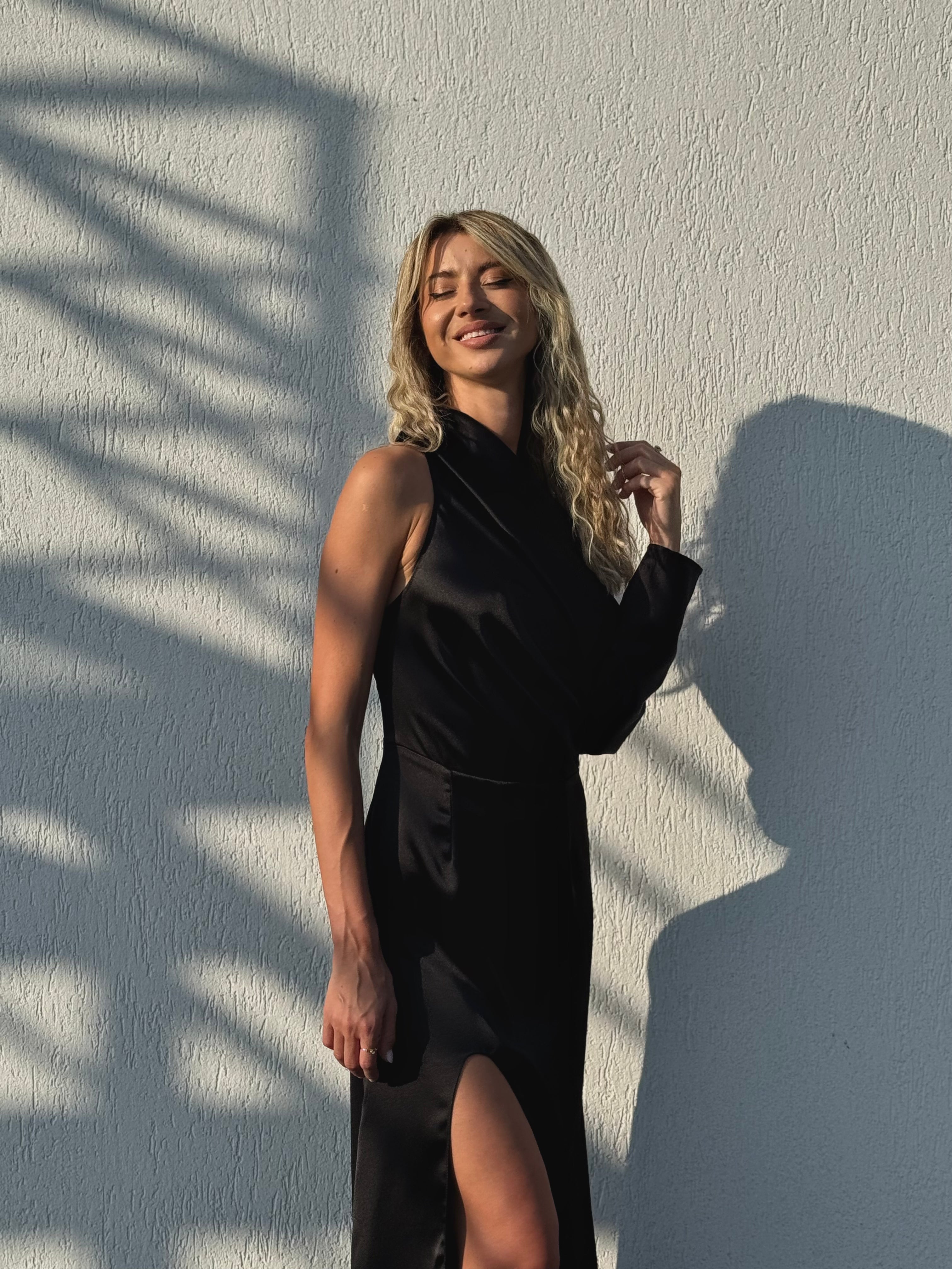 Black One-Shoulder Draped Midi Dress with Side Slit