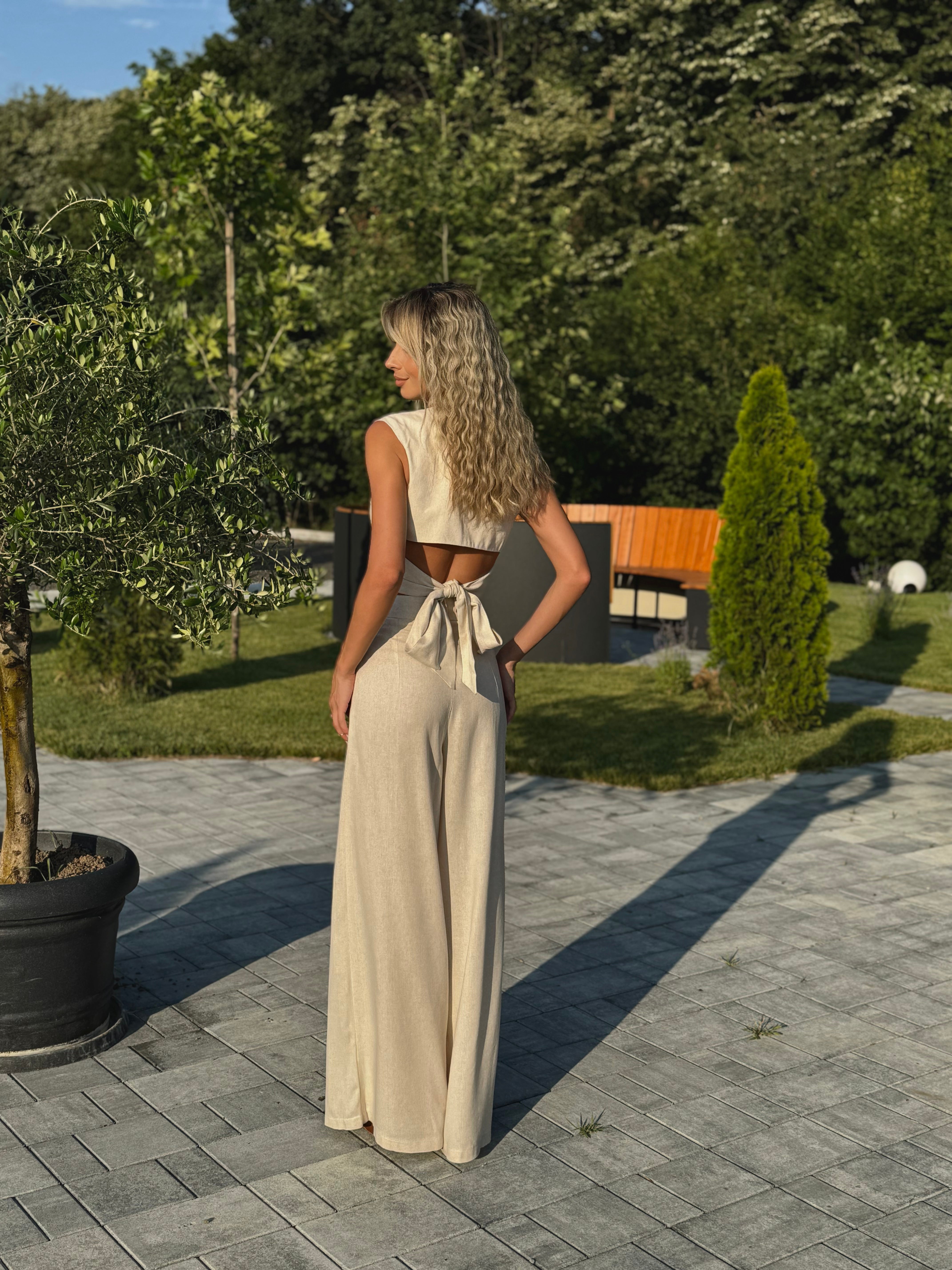 Cream Linen-Style Button Front Set with Wide Legs