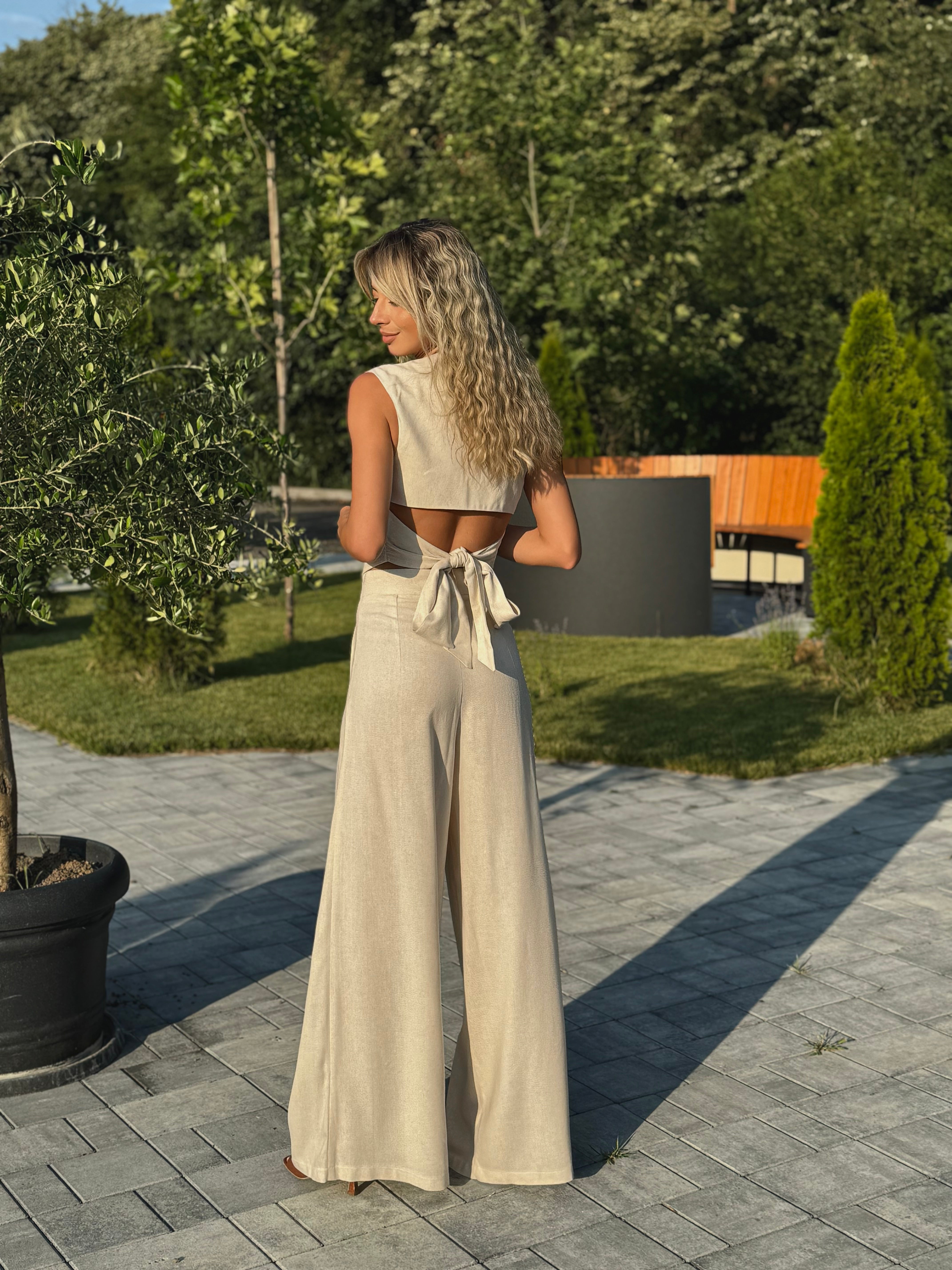 Cream Linen-Style Button Front Set with Wide Legs