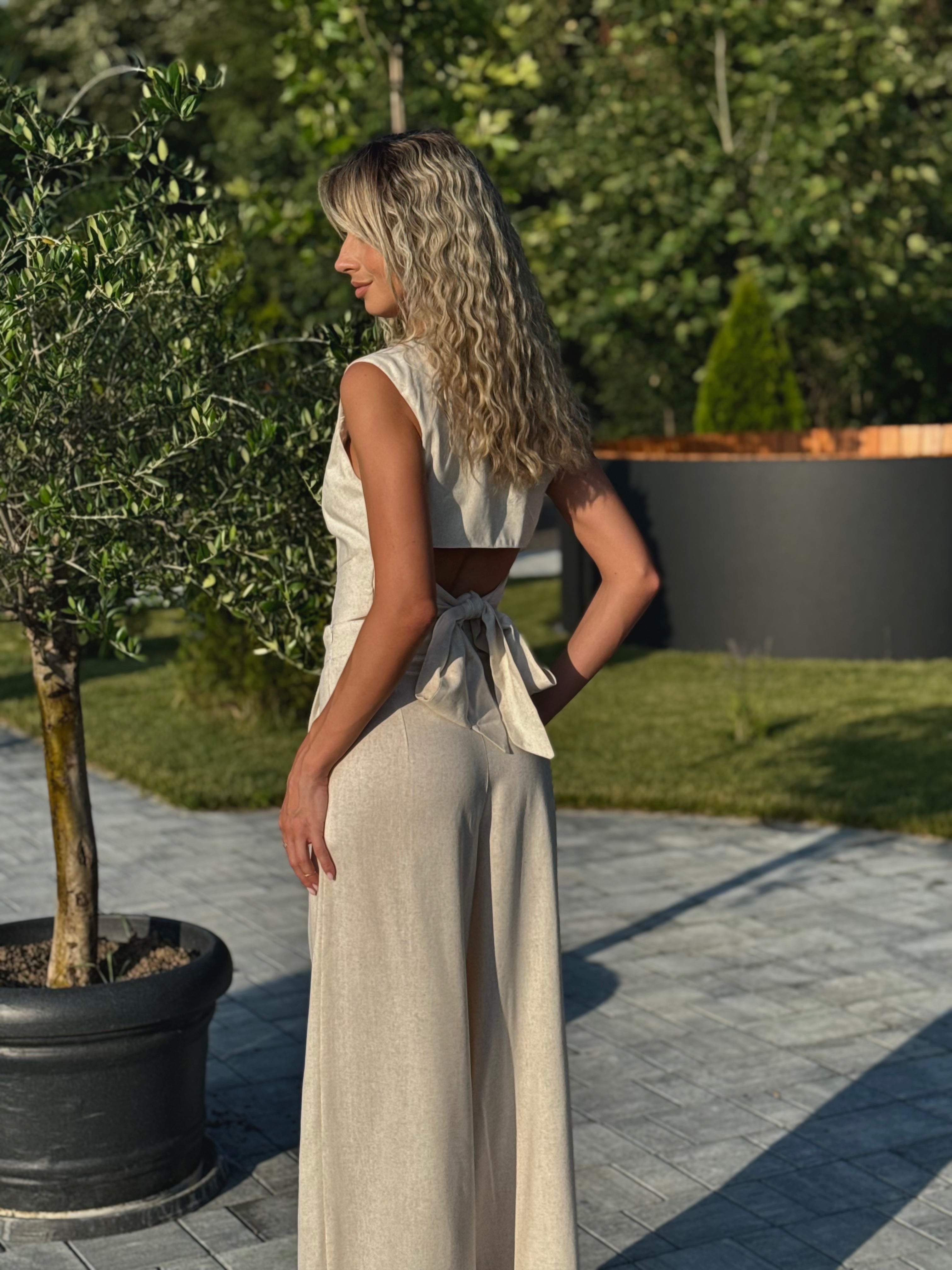 Cream Linen-Style Button Front Set with Wide Legs