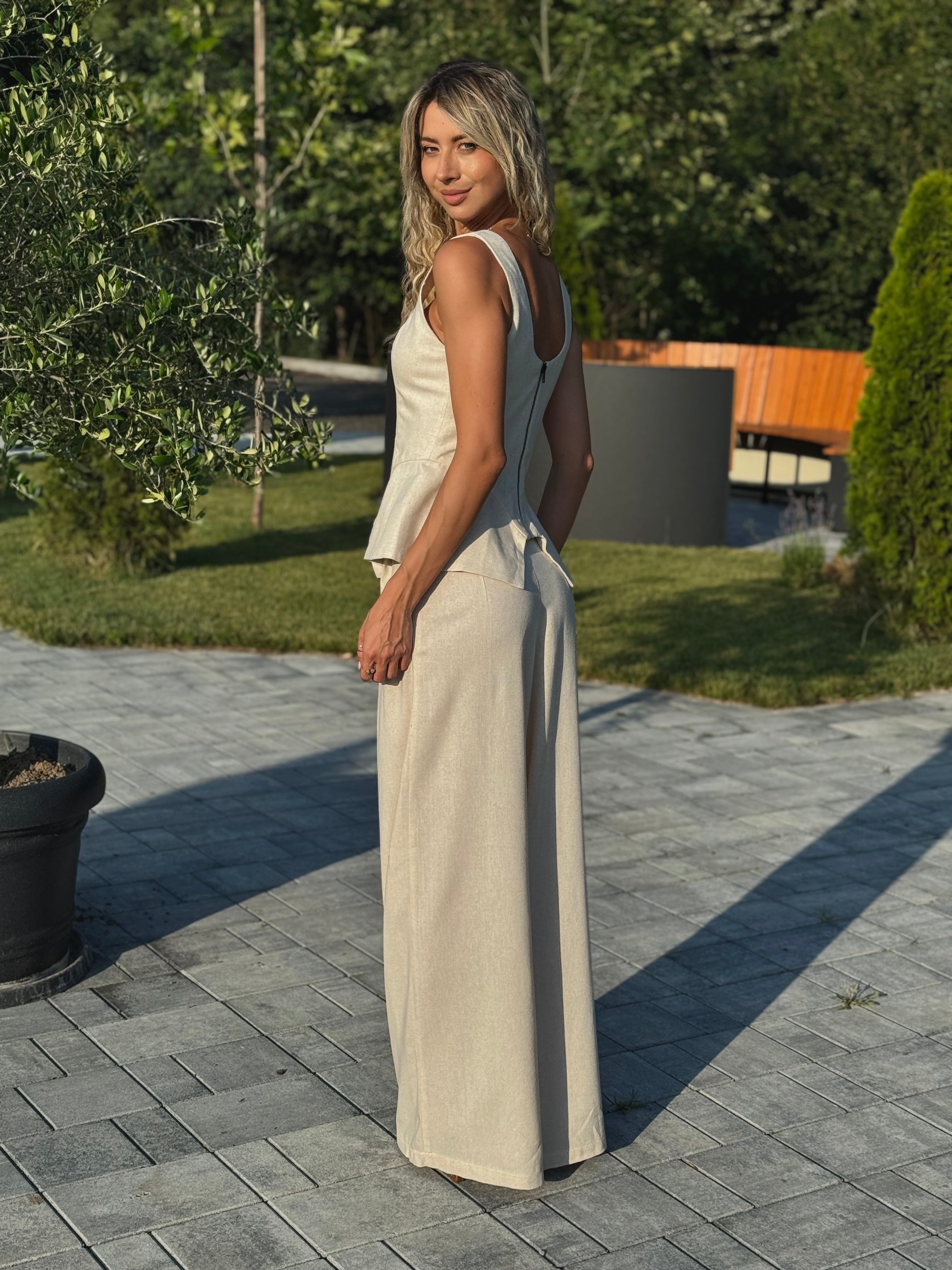 Cream Linen-Style Set with Wide Legs