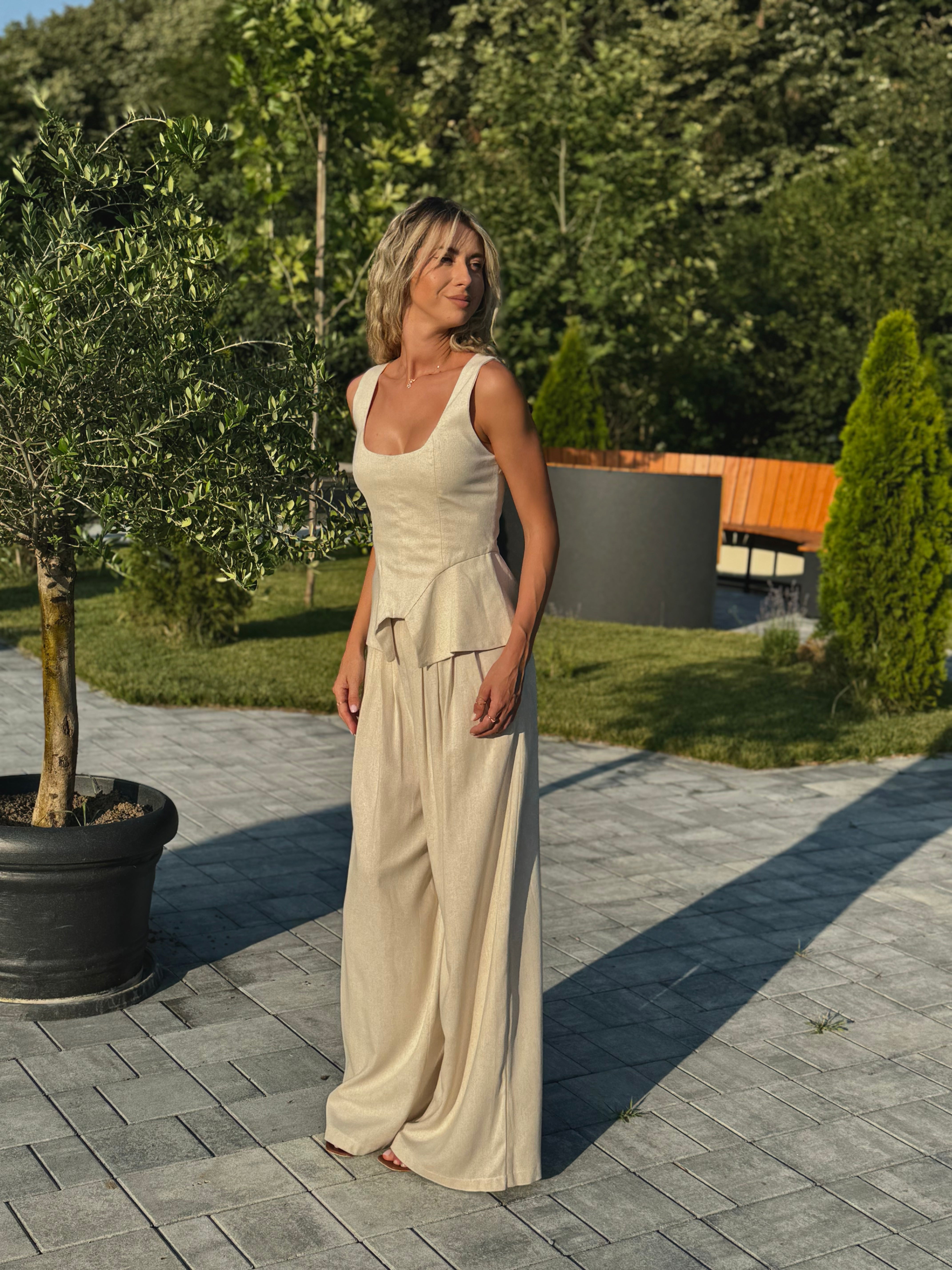 Cream Linen-Style Set with Wide Legs