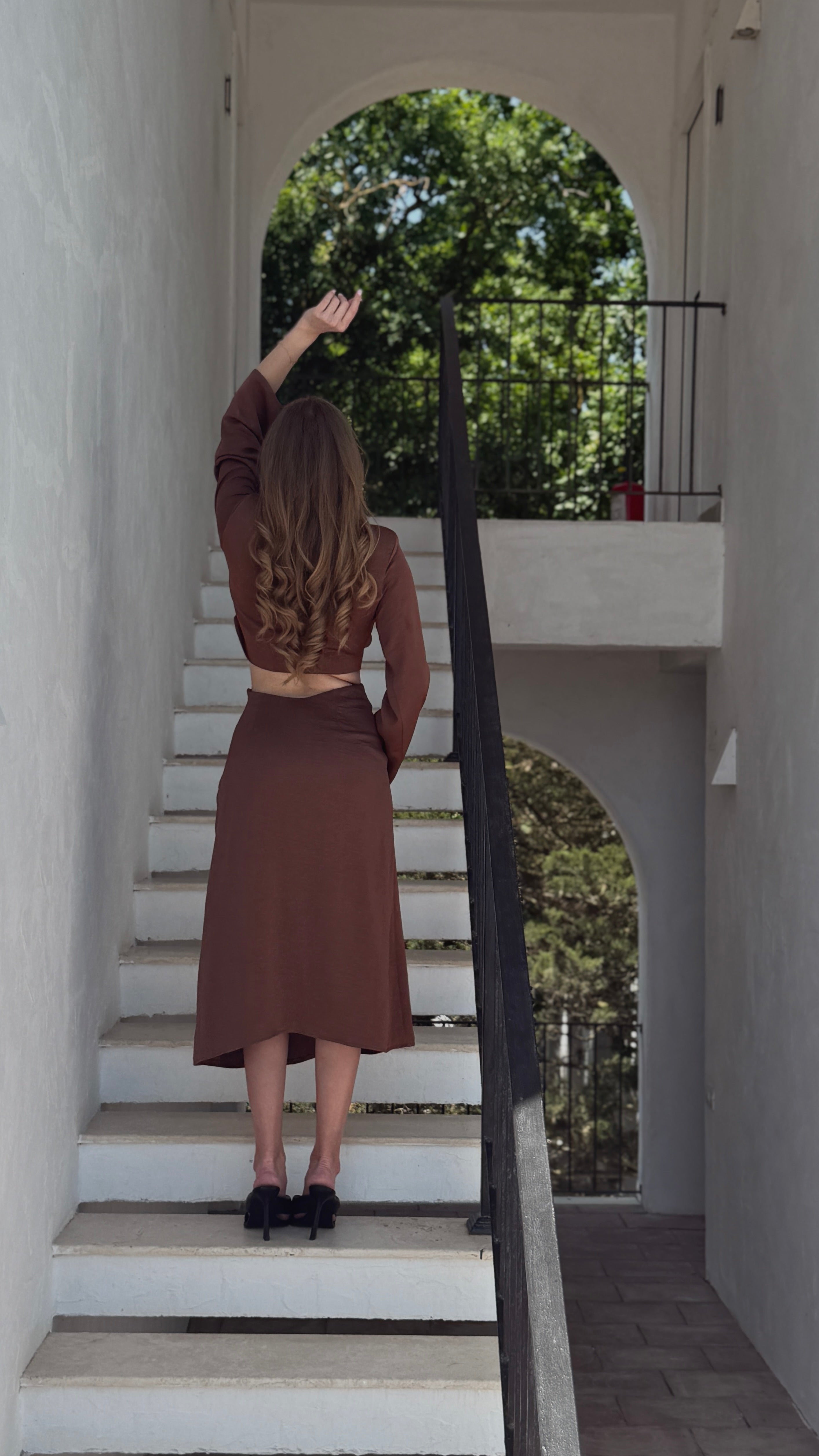 Chocolate Brown Tie-Front Cutout Midi Dress