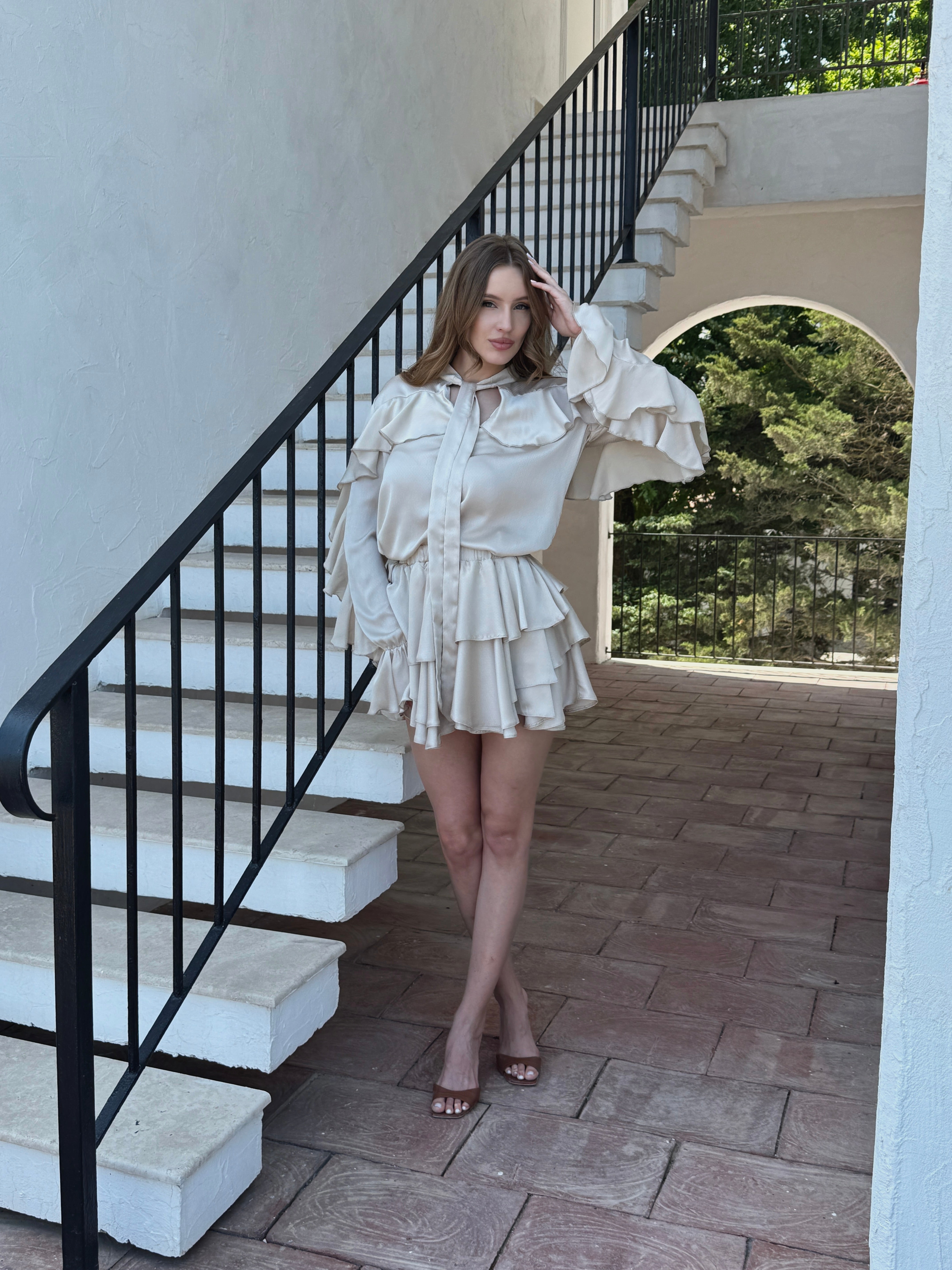 Pink Set with V Neck Shirt & Ruffle Skirt