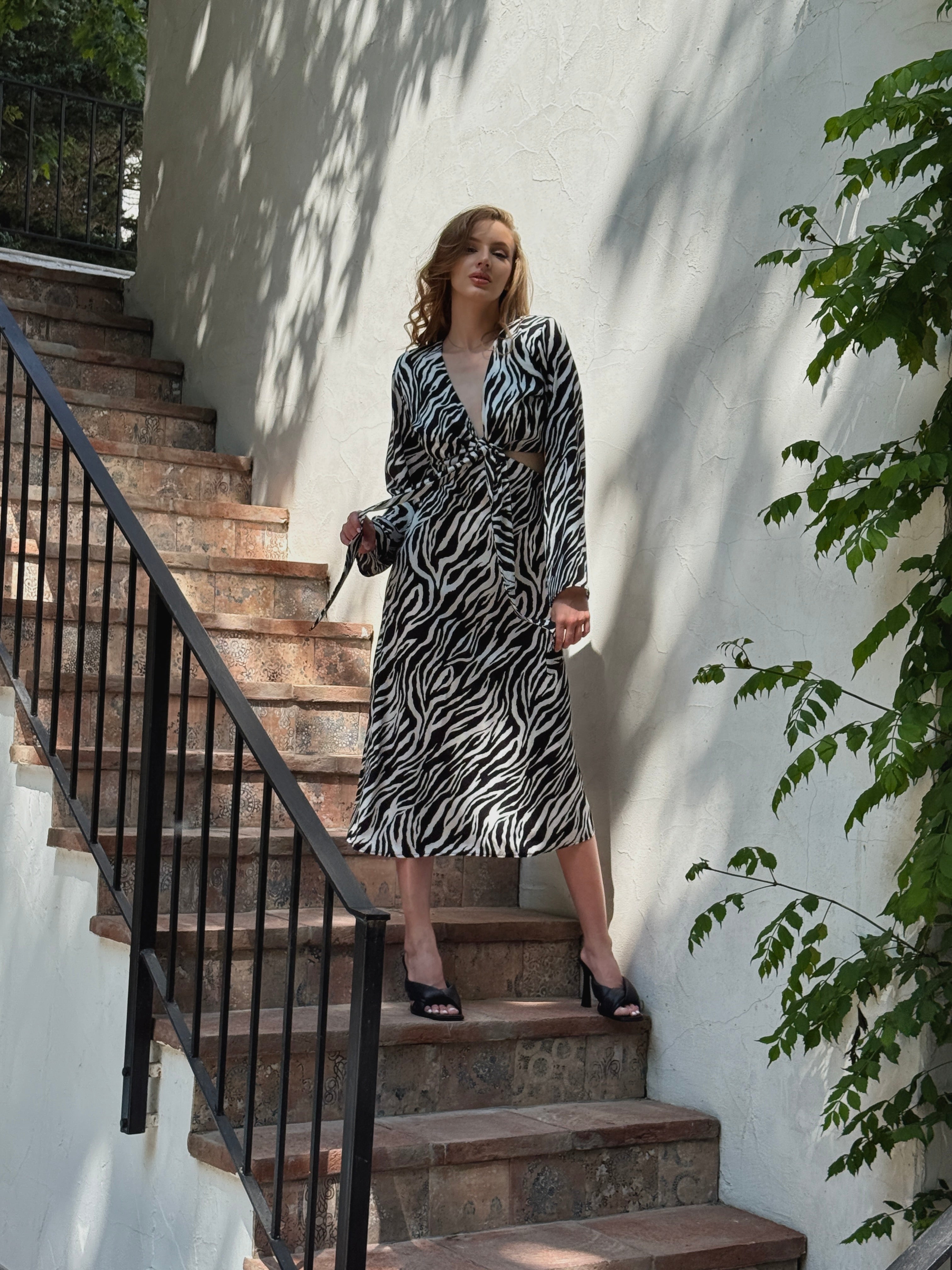 Black & White Zebra Print Cutout Midi Dress with Tie Detail