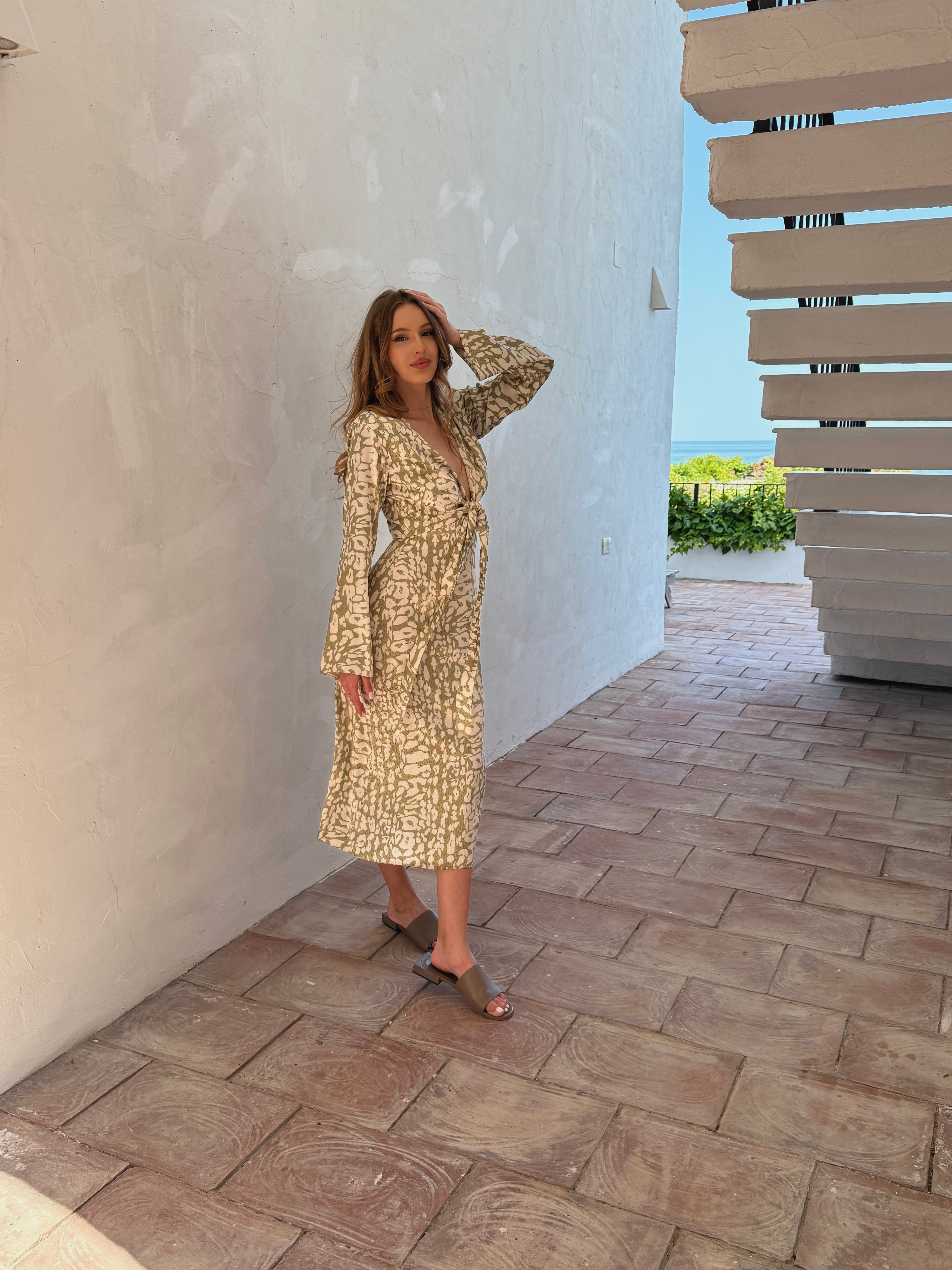 Olive Leopard Print Cutout Midi Dress with Tie Waist