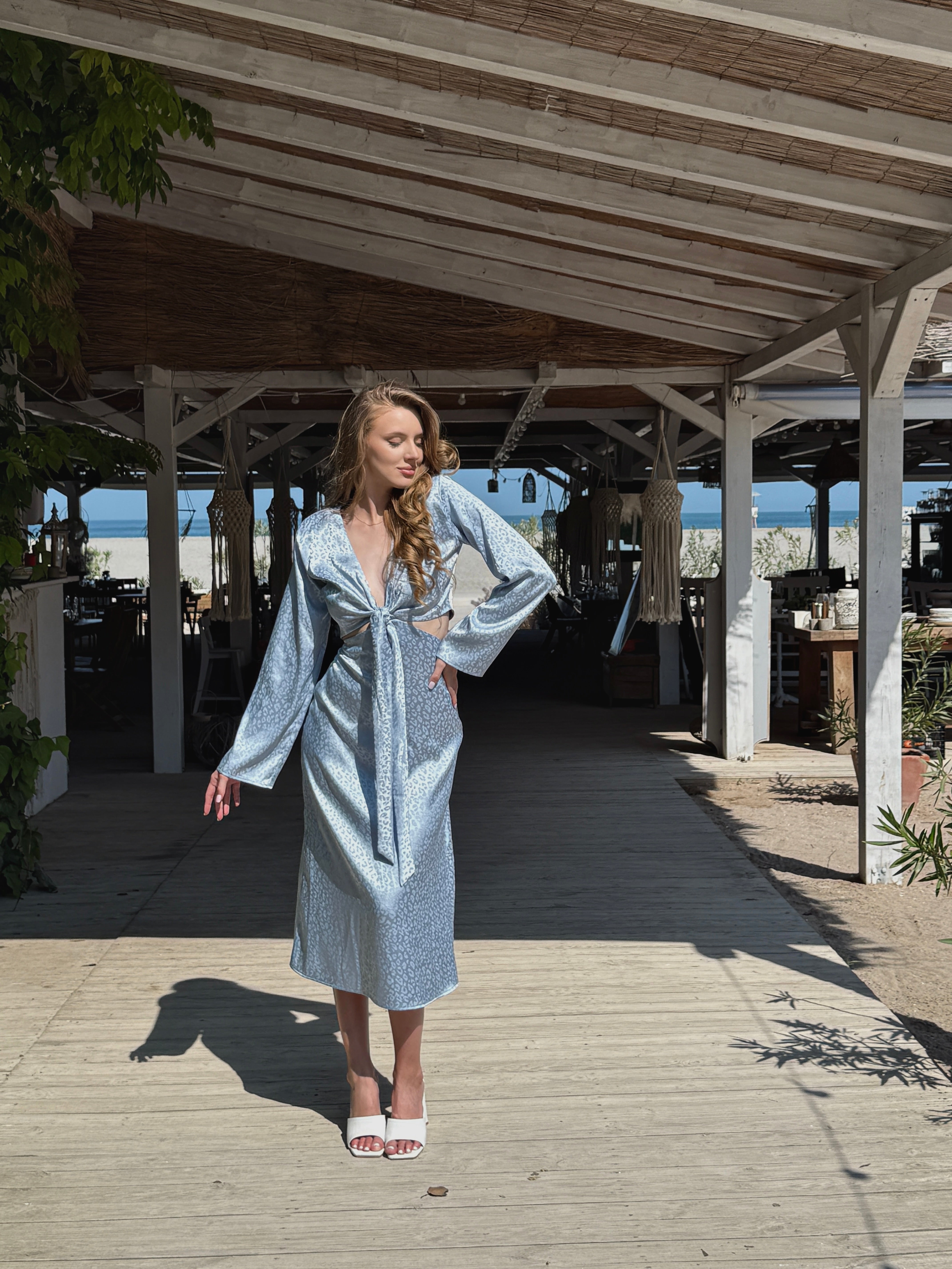 Powder Blue Leopard Print Cutout Midi Dress with Bell Sleeves