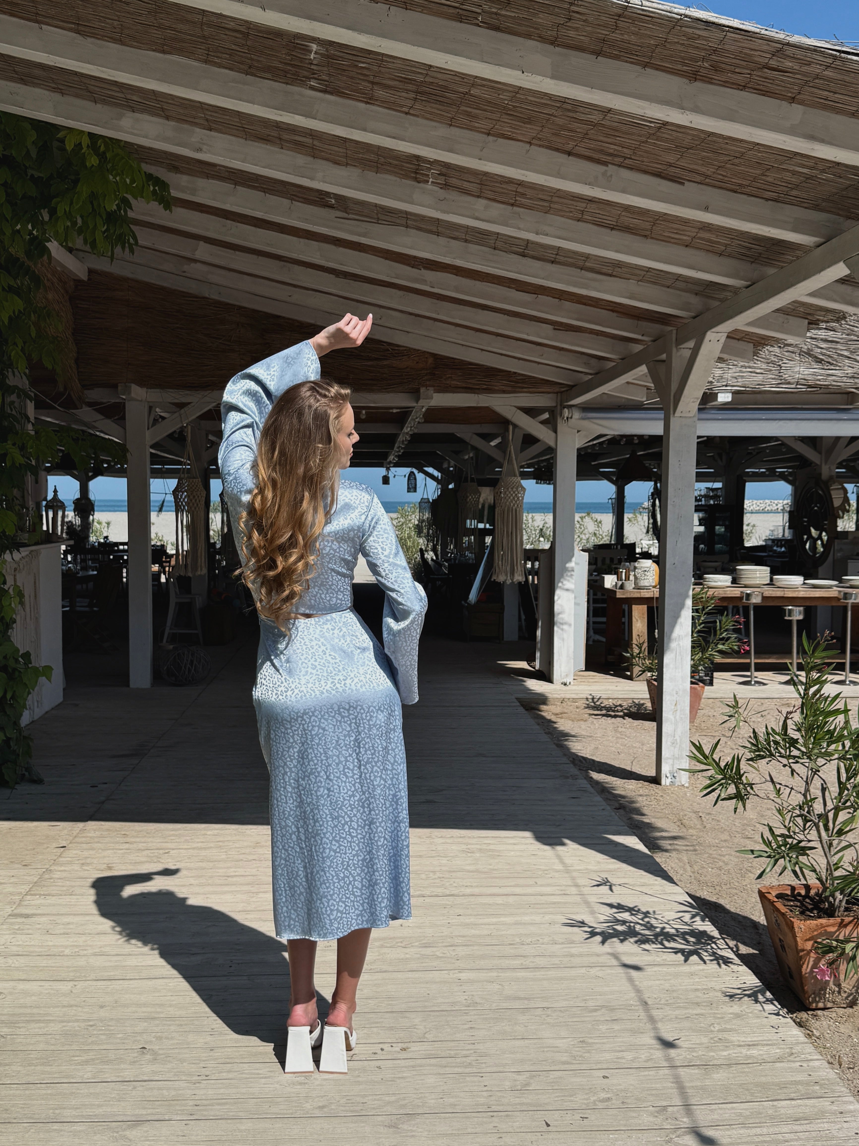 Powder Blue Leopard Print Cutout Midi Dress with Bell Sleeves