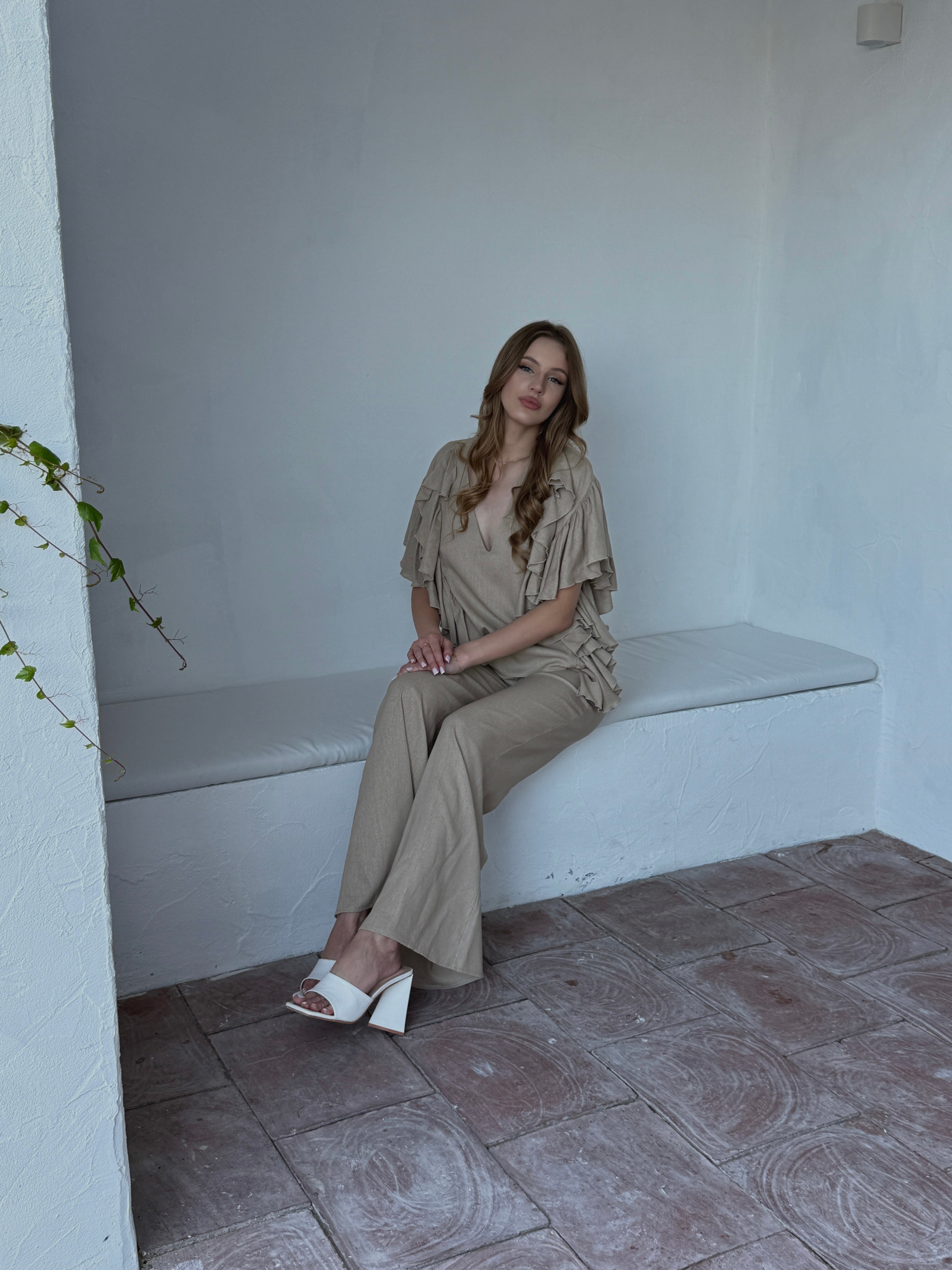 Olive Co-Ord Set with Ruffle Sleeve Top & Wide Leg Trousers