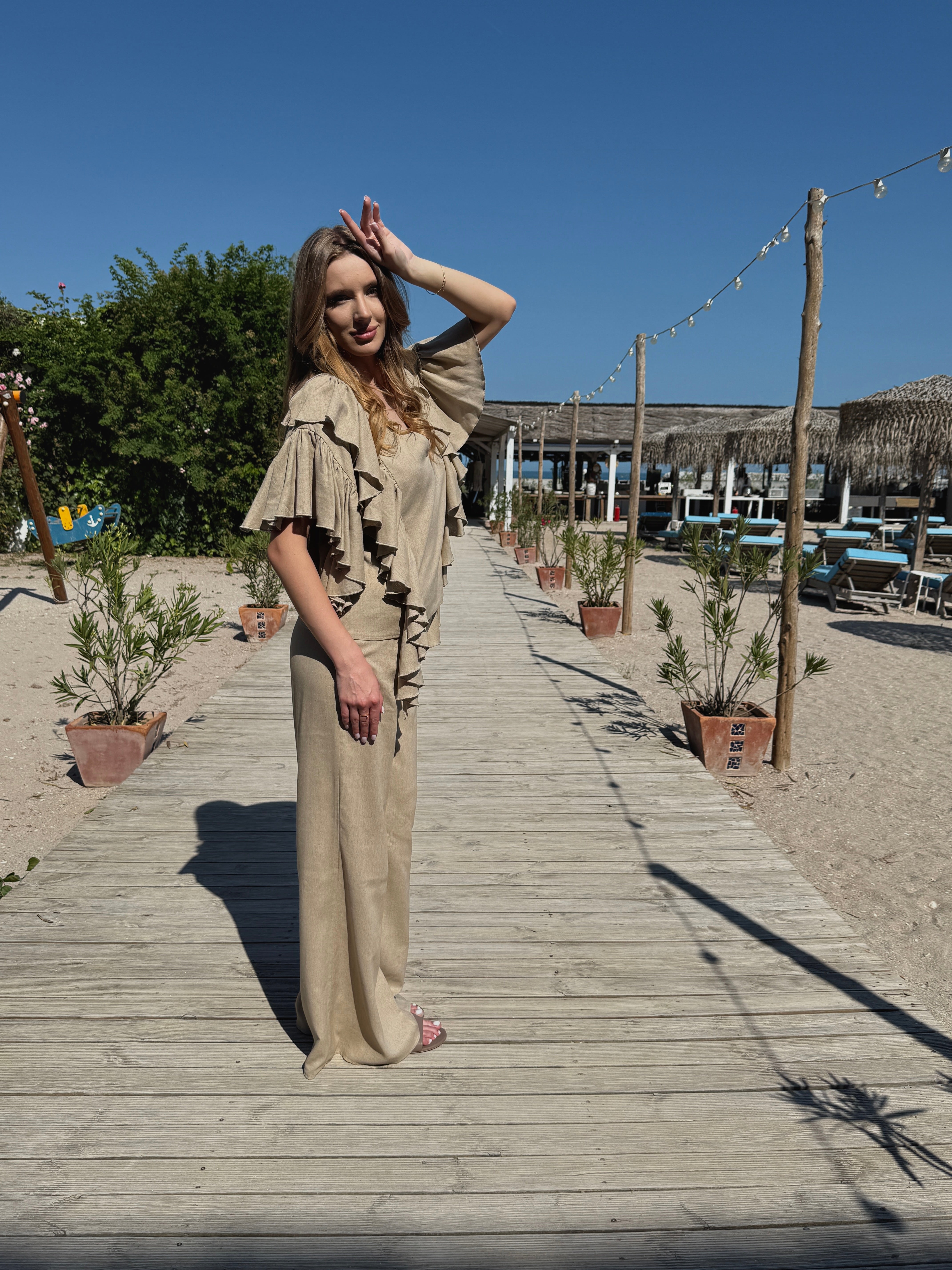 Olive Co-Ord Set with Ruffle Sleeve Top & Wide Leg Trousers