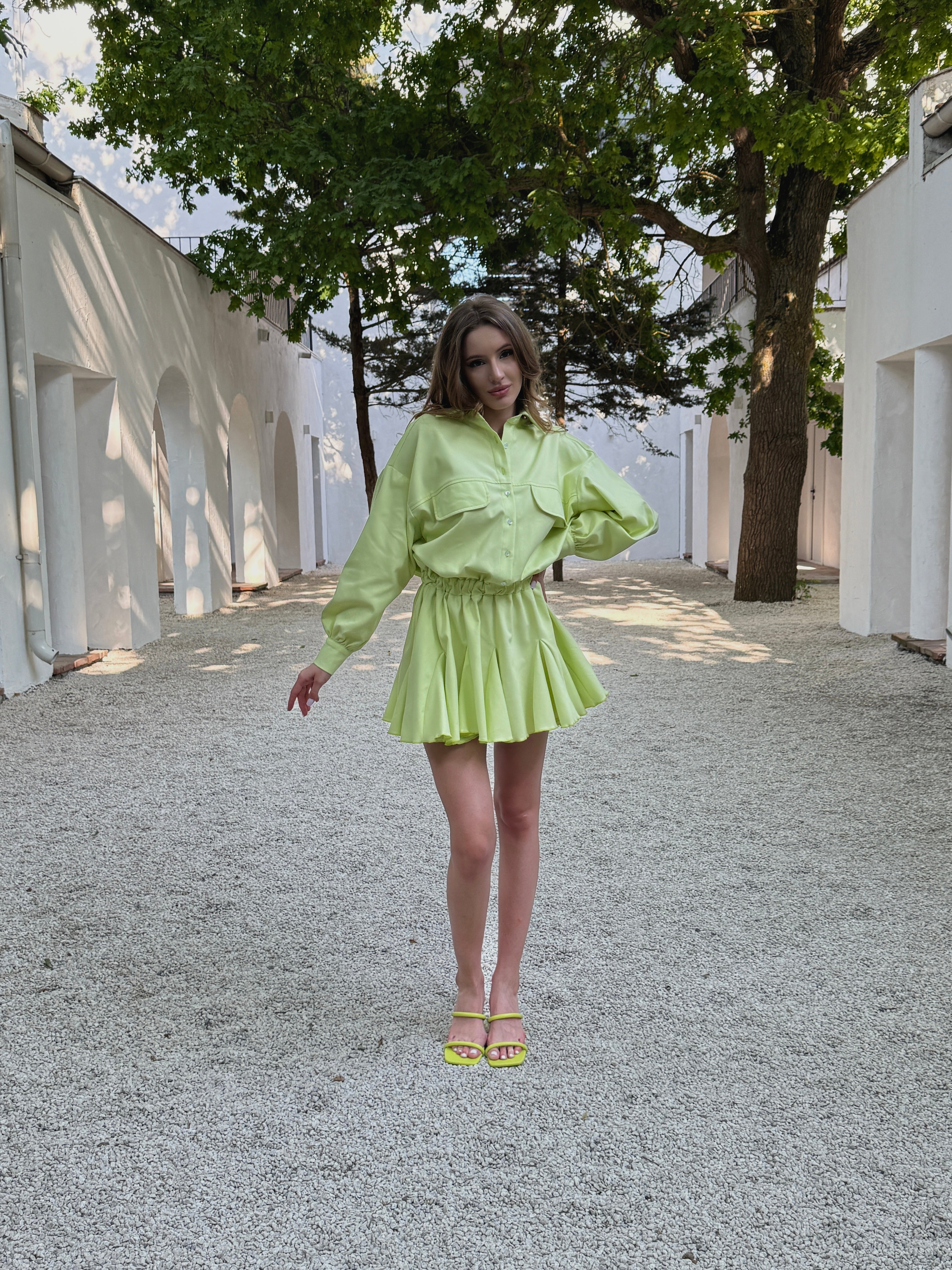 Lime Green Oversized Shirt Dress with Gathered Waist & Ruffle Hem