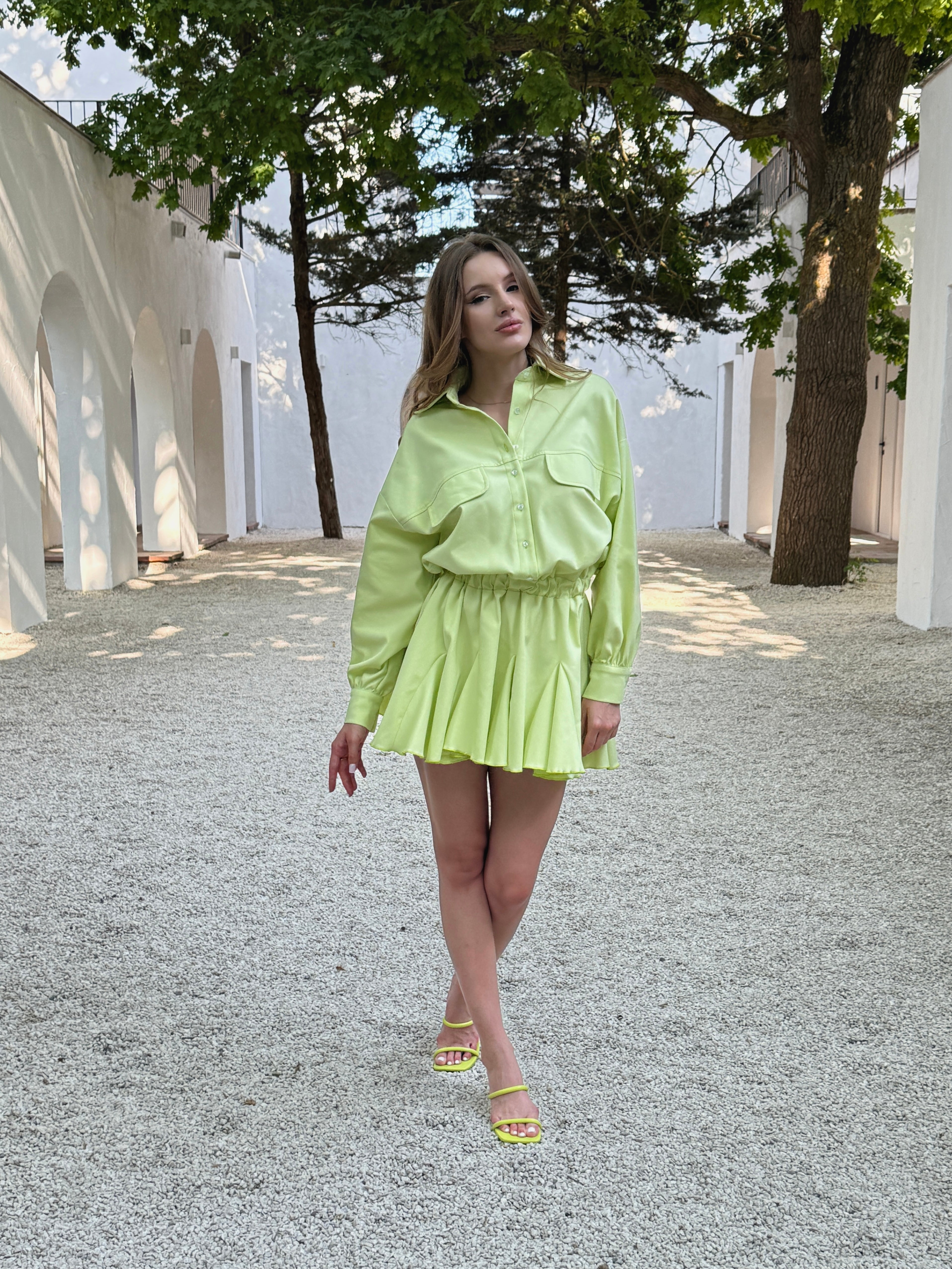 Lime Green Oversized Shirt Dress with Gathered Waist & Ruffle Hem