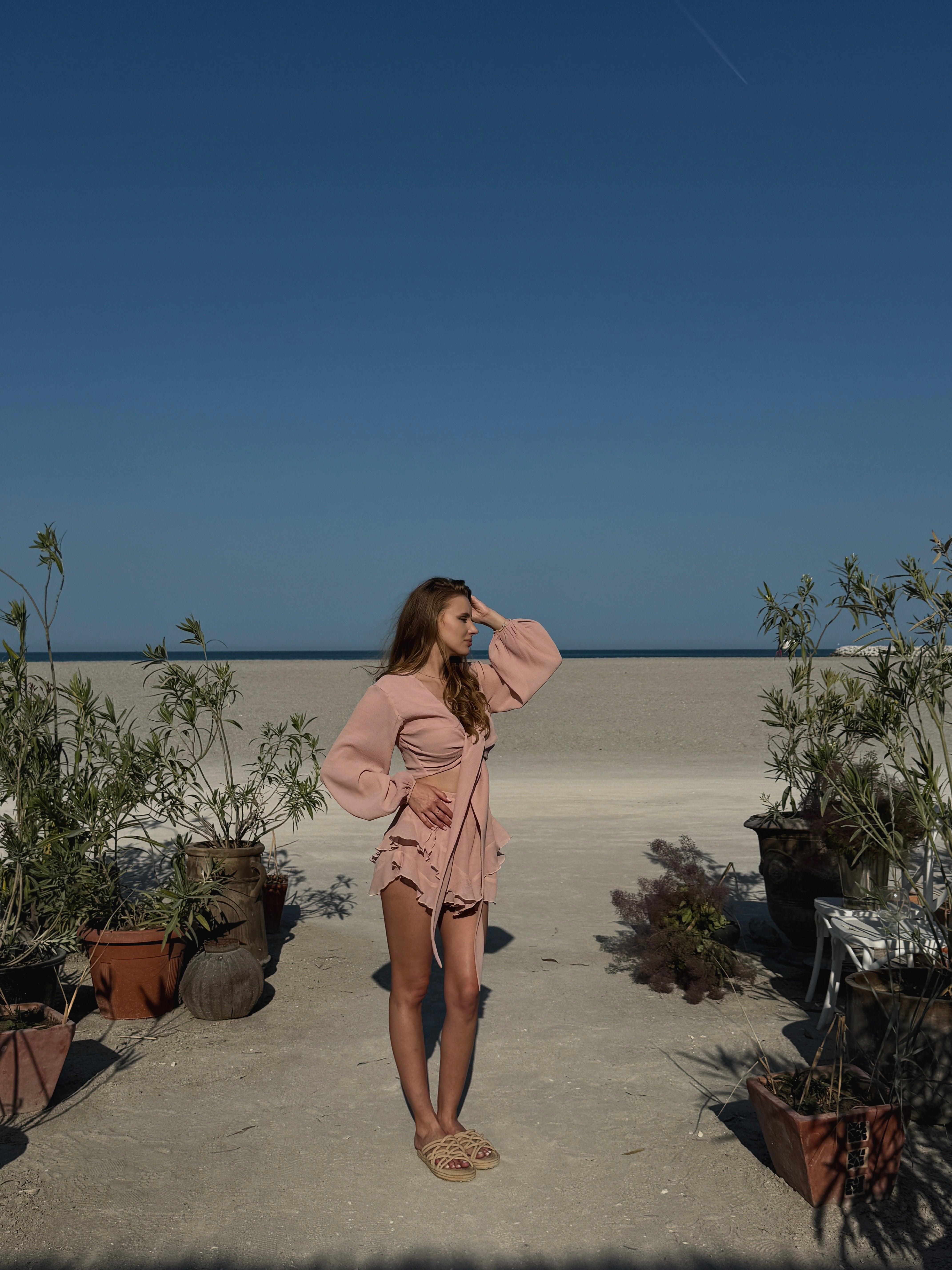 Dusty Rose Ruffle Two-Piece Set with Balloon Sleeves